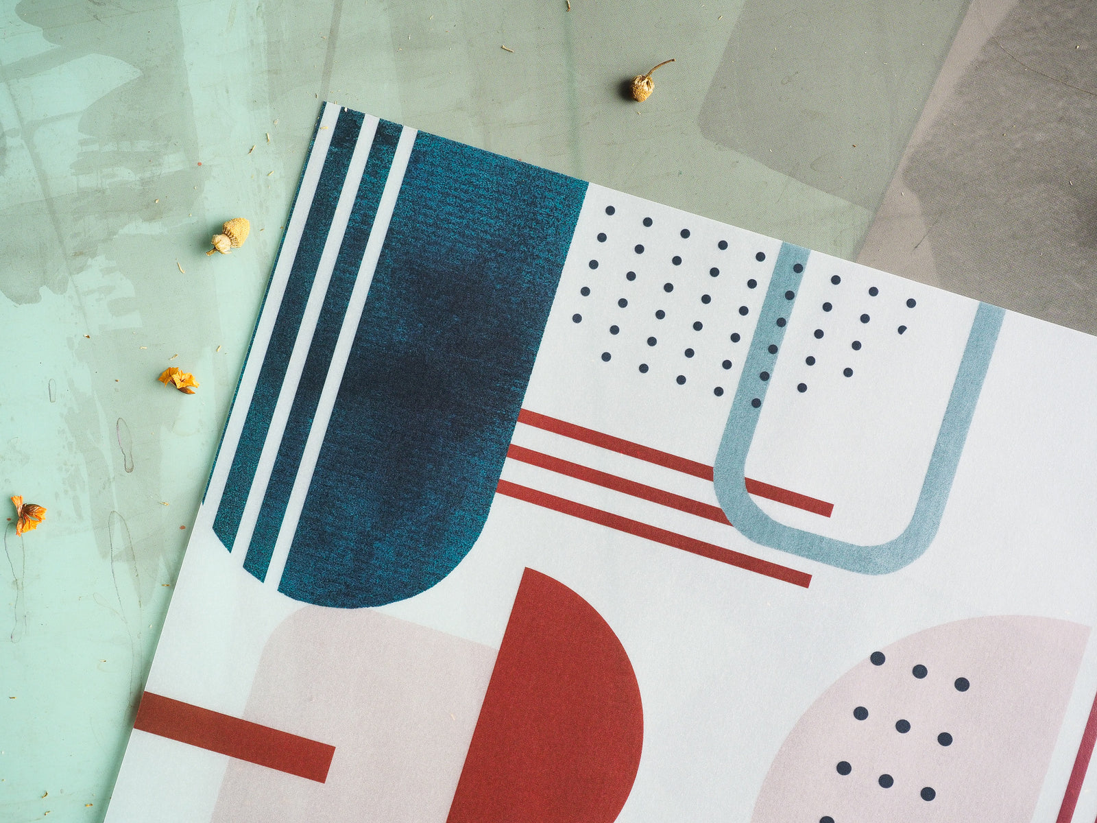 Abstract geometric planner spread featuring color blocks of navy blue, dusty rose, and terracotta red for March 2024.