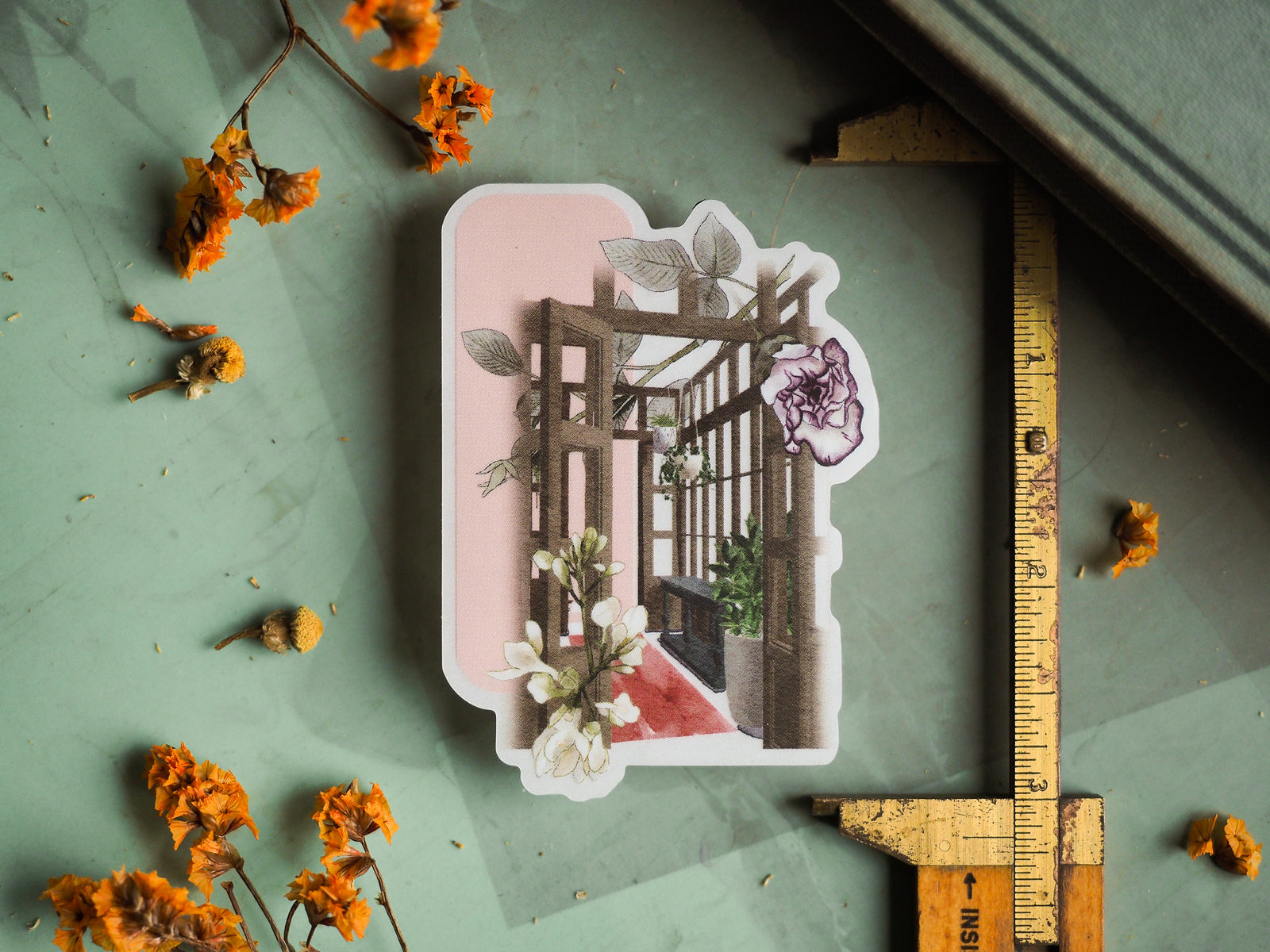 Soft-toned vinyl sticker depicting an enclosed botanical atrium or greenhouse, featuring delicate potted plants, vines, and architectural details.