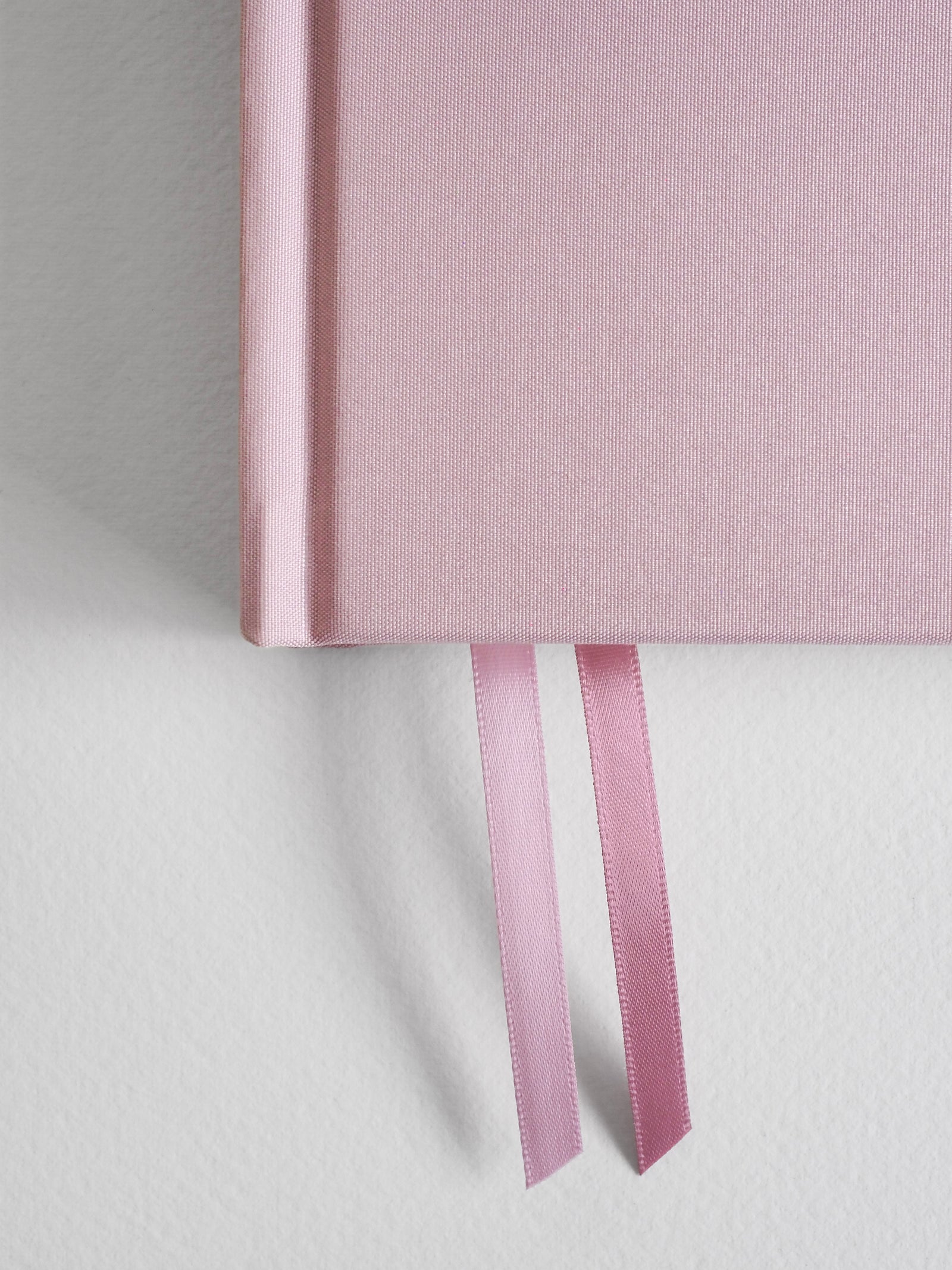Pale pink B6 vertical planner journal featuring a solid blush cover and tied with two matching pale pink satin ribbon bookmarks.