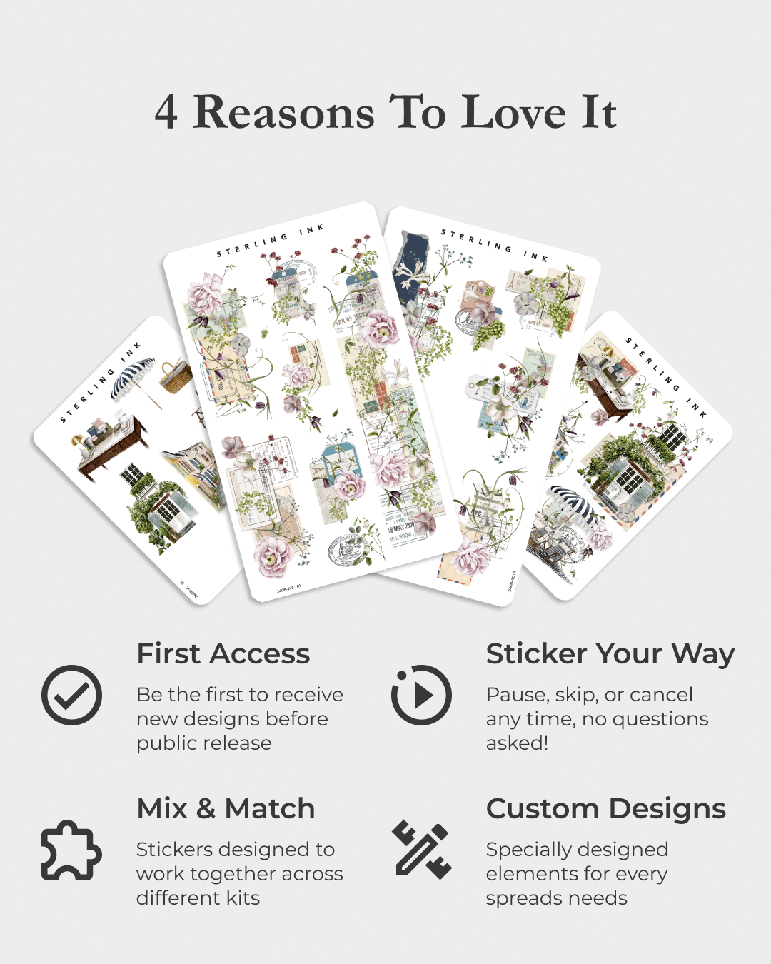 Botanical and floral sticker collection featuring lush greenery, vintage illustrations, teacups, and cottagecore