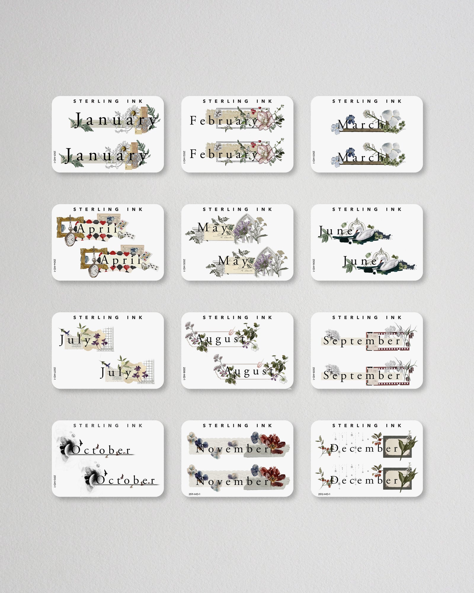 2025 Print Monthly Calendar Stickers. All 12 months of stickers laid out.