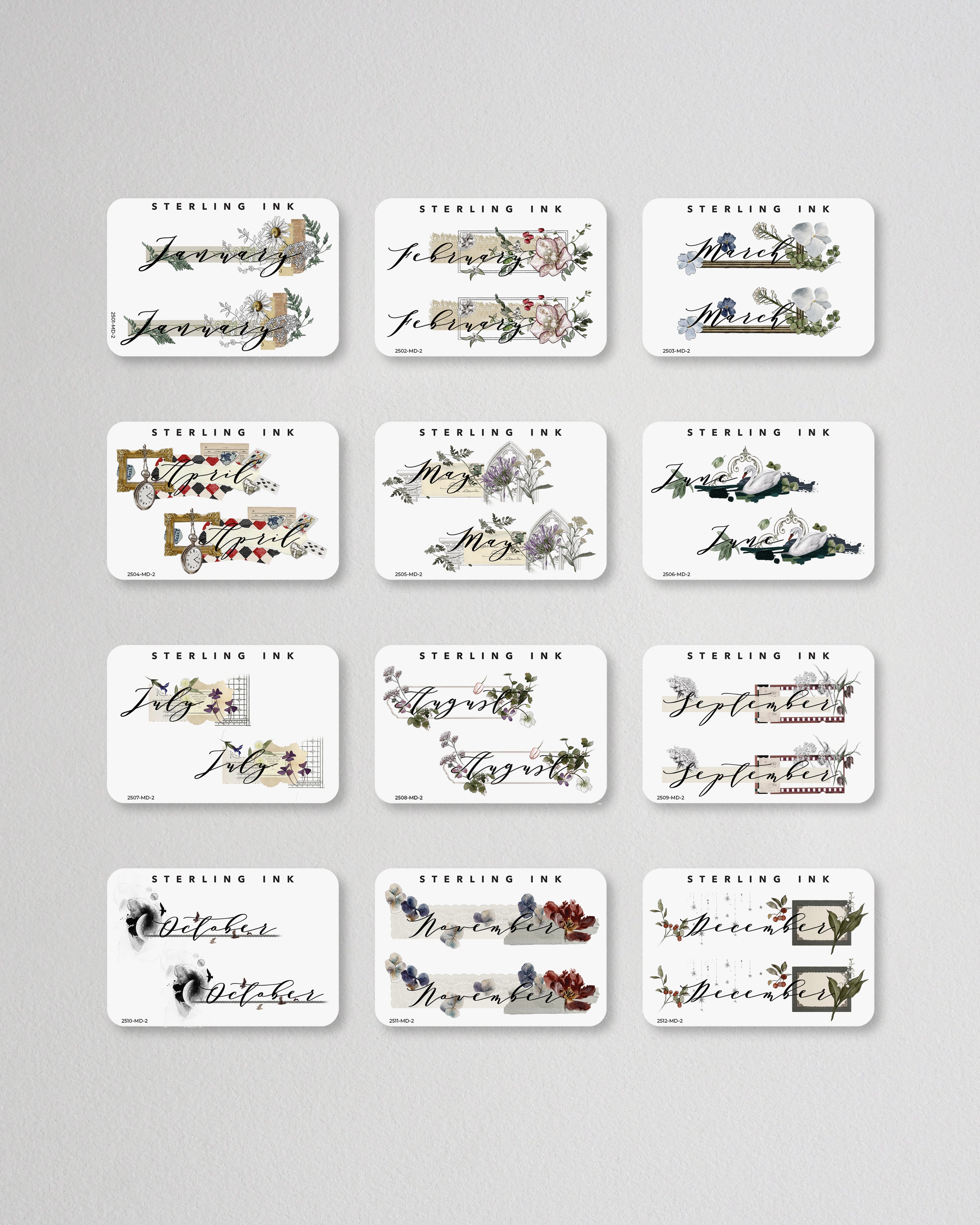 2025 Script Monthly Calendar Stickers. All 12 months of stickers laid out.