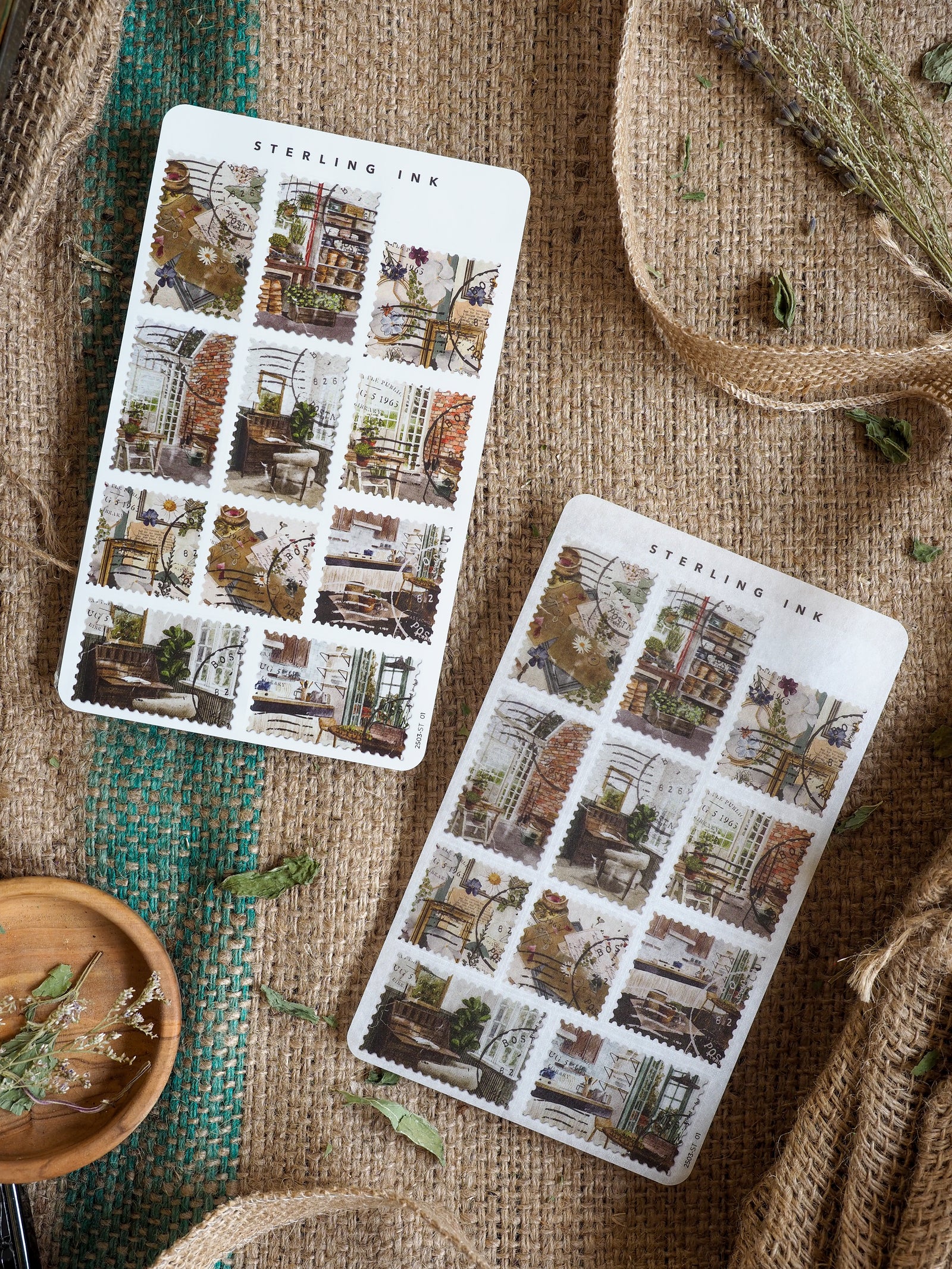 Stamps Stickers for March 2025 featuring a grid pattern of rustic, vintage-style images detailing overgrown architecture, ivy, and aged stone.