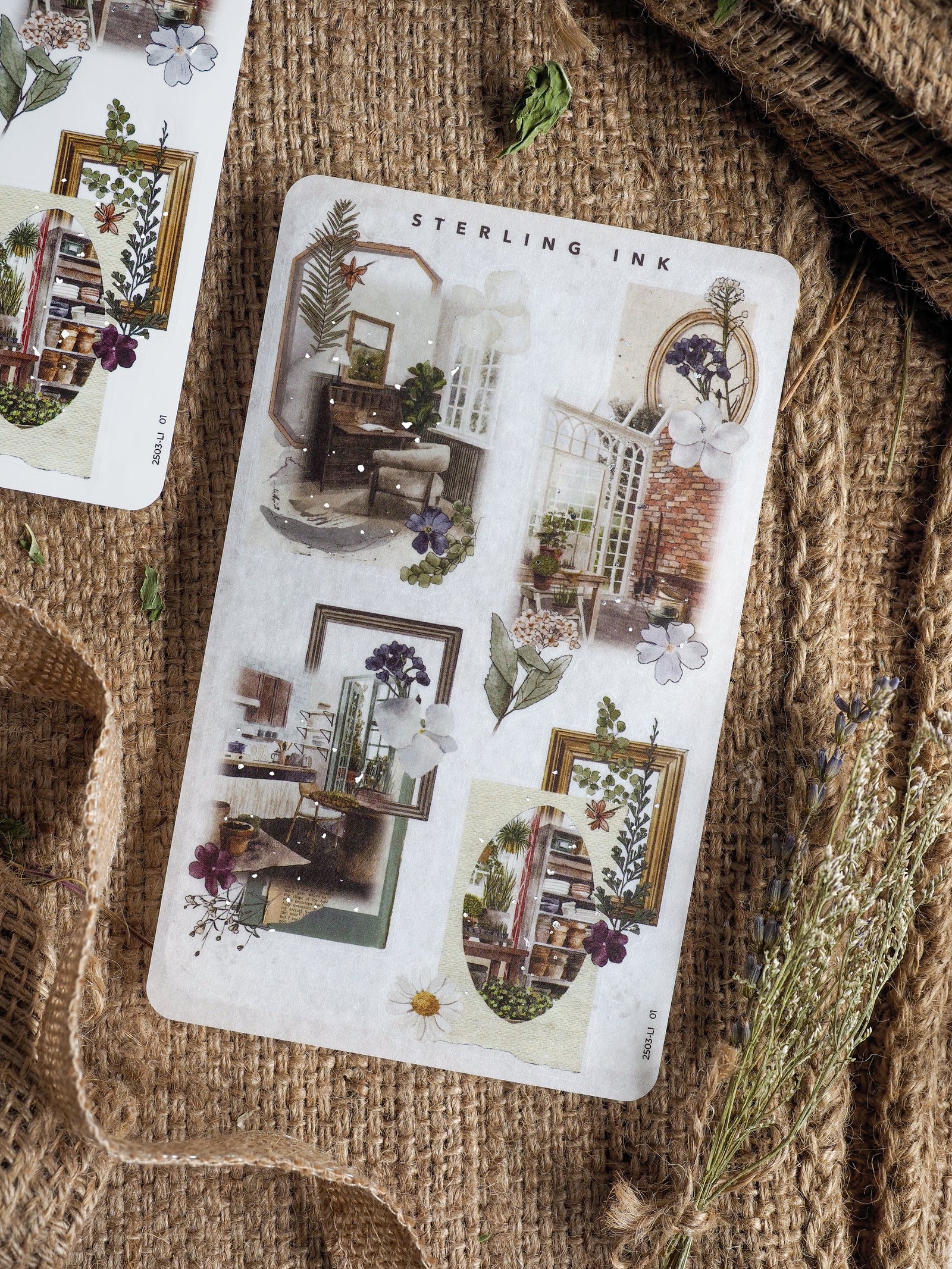 Decorative collage sticker sheet with silver foil accents, featuring vintage vignettes of cozy indoor scenes and detailed botanical frames.