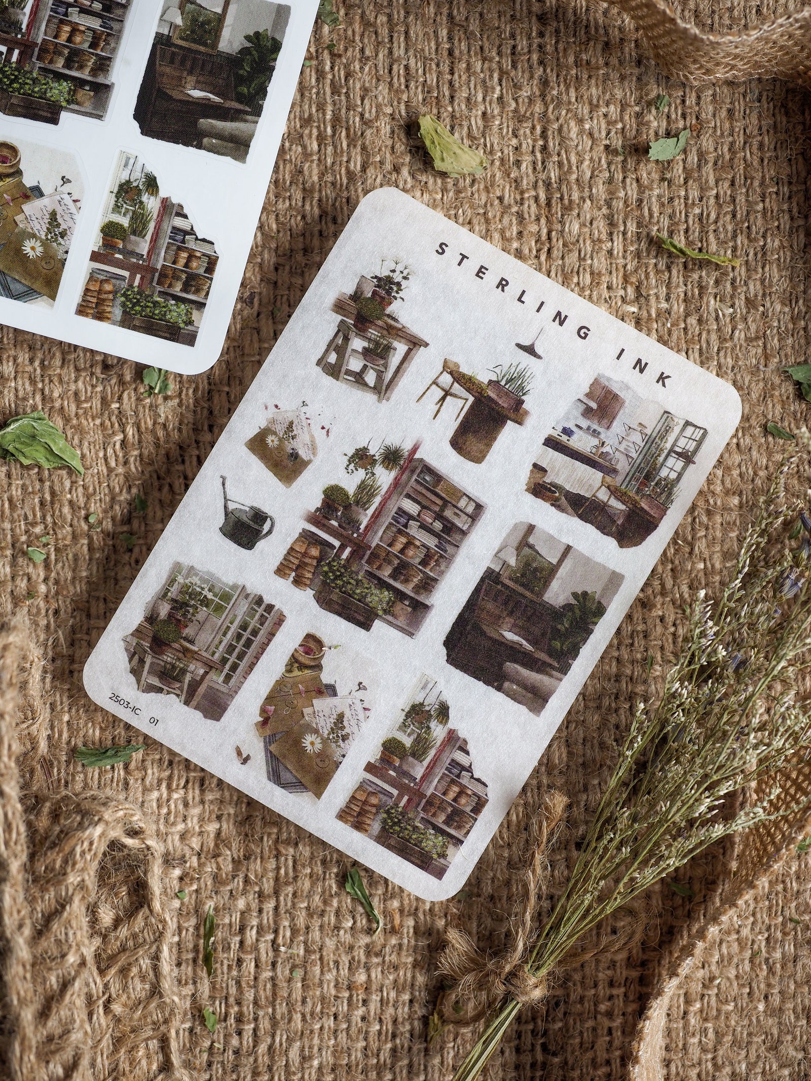 A sheet of vintage mini icon stickers featuring detailed, monochromatic illustrations of architectural elements, indoor shelves, potted plants, and stylish home decor.