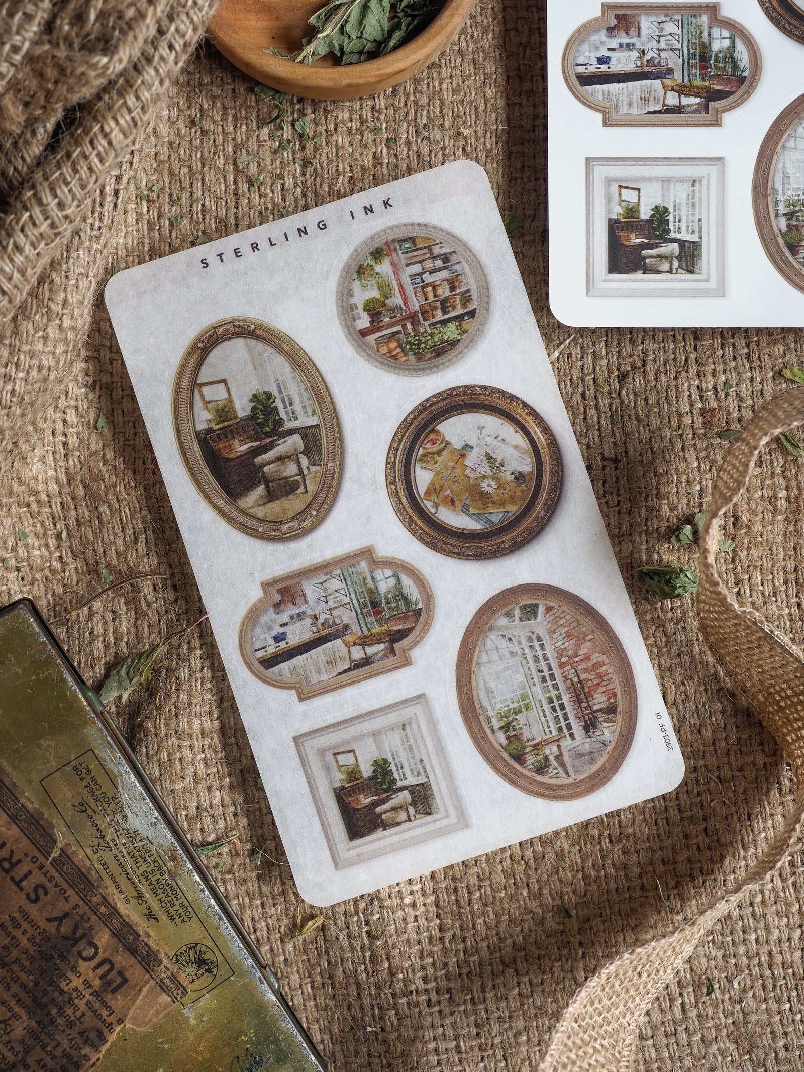 Set of delicate, vintage sticker frames showcasing architectural and interior scenes in rustic, antique brown and sepia tones for journaling.