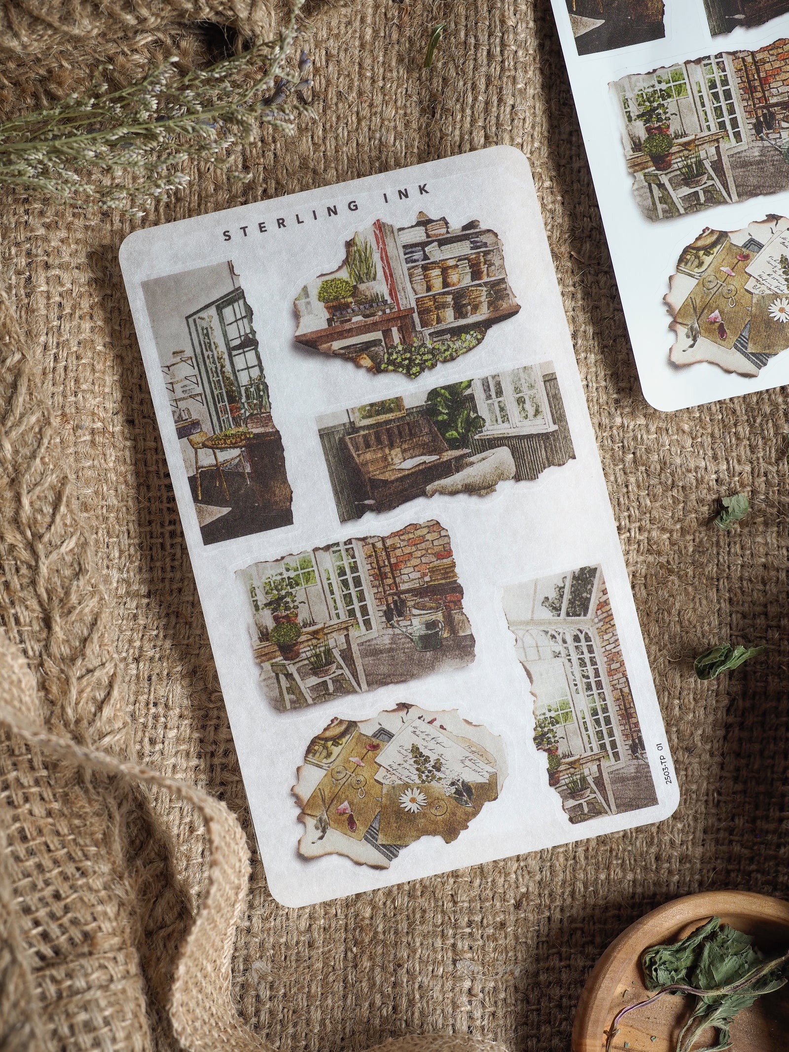 Vintage "Torn Paper Stickers - March 2025" sheet featuring distressed, rustic designs and detailed illustrations of historical urban architecture.