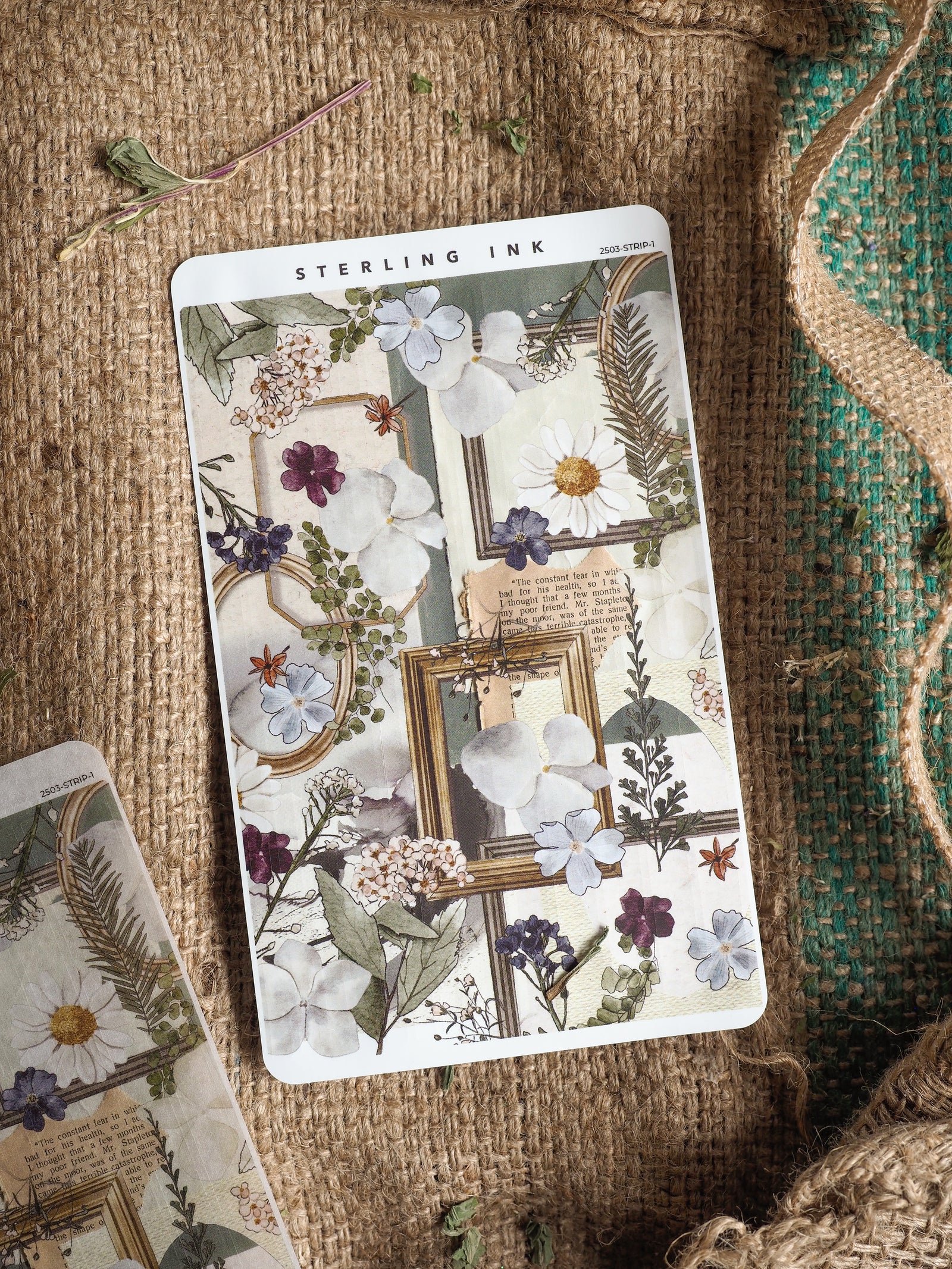 Detailed botanical sticker strip featuring a collage of white, blue, and purple flowers, leaves, and ornate vintage picture frames.