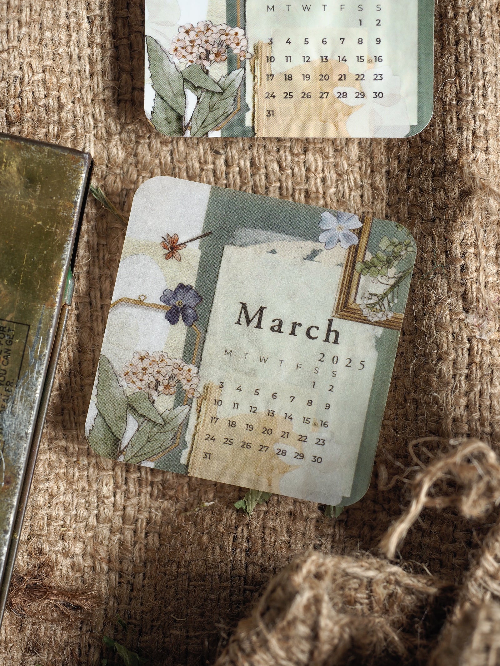 Delicate March 2025 calendar planner featuring a gentle spring floral motif accented with muted blue, sage green, and natural botanical illustrations.