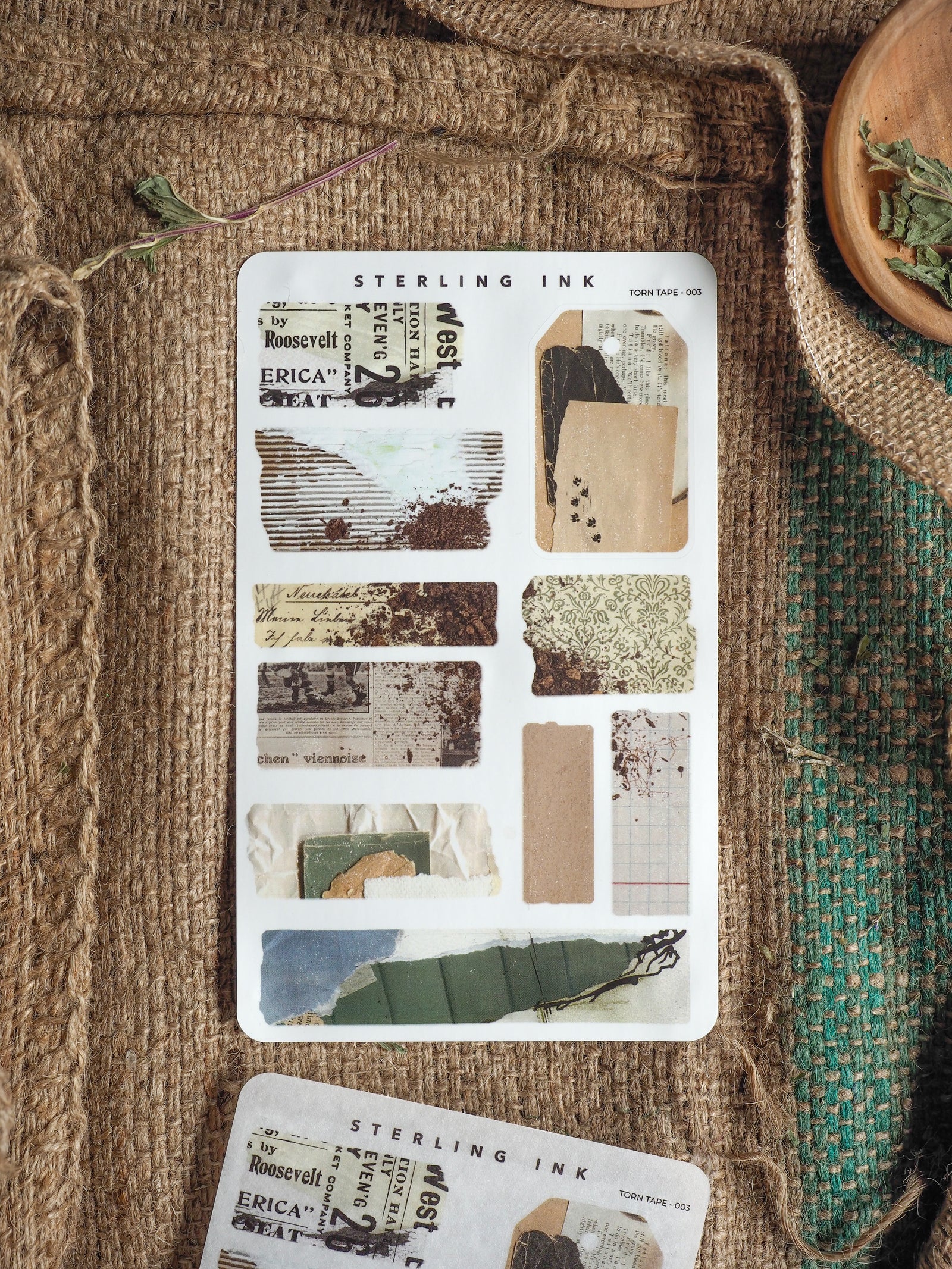 Vintage ephemera sticker sheet featuring a retro, scrapbooking aesthetic with torn-edge paper, sepia-toned fragments, vintage typography, and archival ink stains.