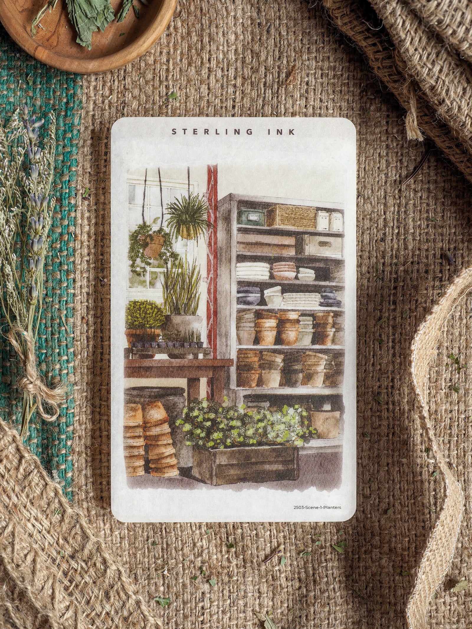 Vintage illustration sticker featuring a rustic shelving unit stocked with numerous terracotta pots, lush plants, and gardening supplies for planters.