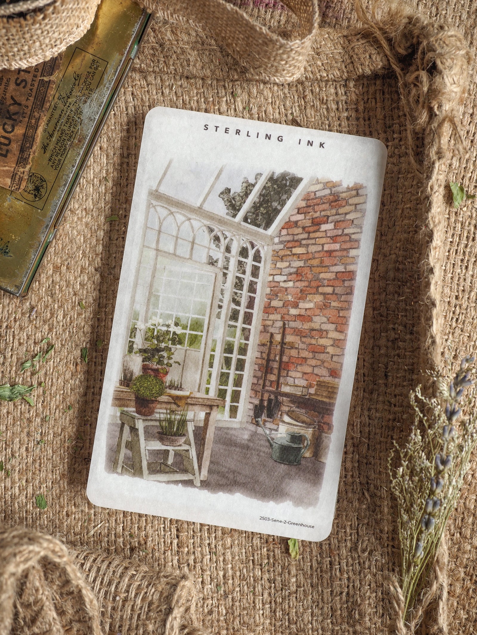 Charming single-scene sticker depicting a detailed greenhouse garden setting with exposed brick, glass, and lush potted plants.