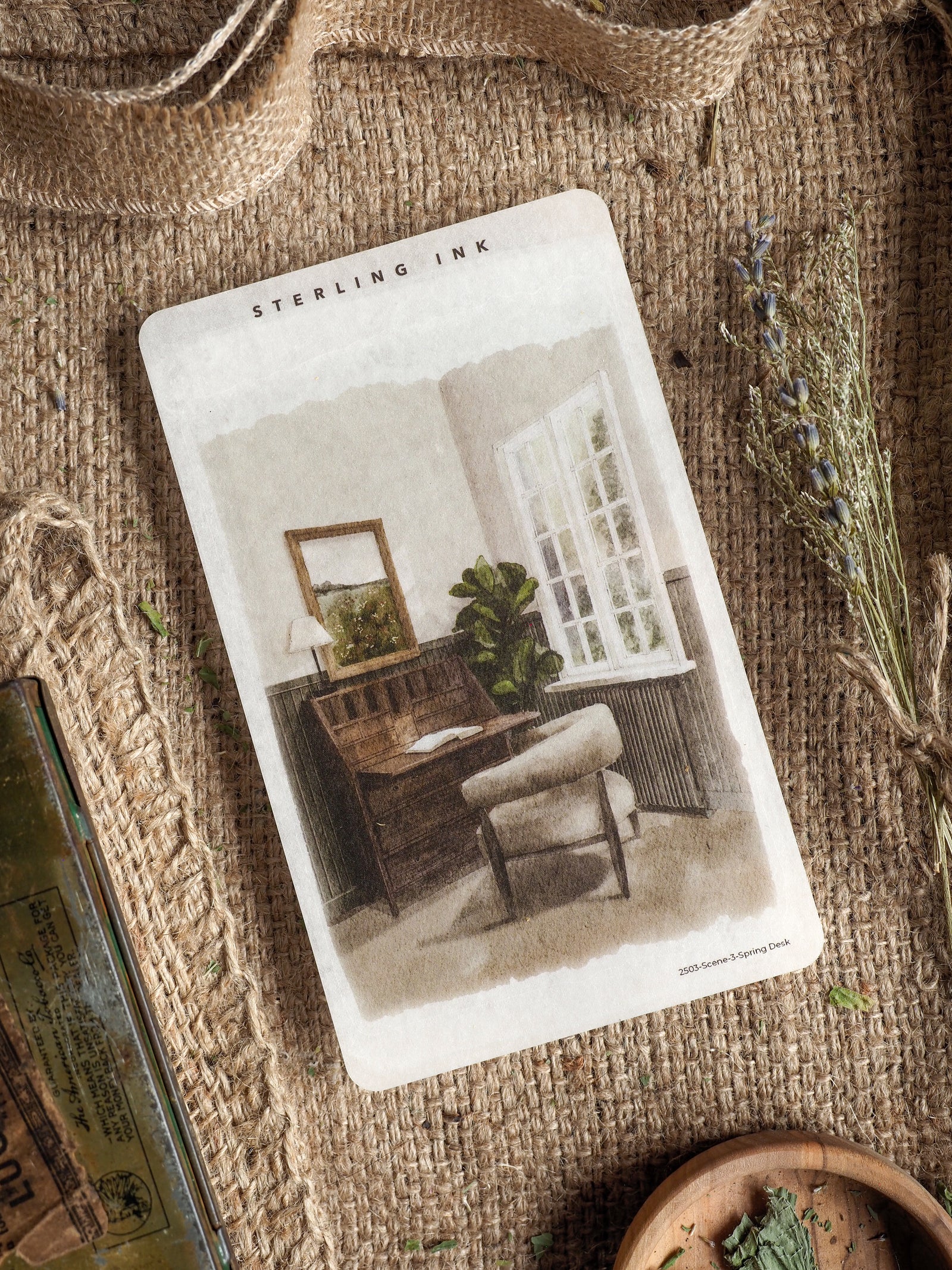 Vintage illustration sticker of a sunlit spring desk scene, featuring a wooden writing desk, potted greenery, and an accompanying armchair.
