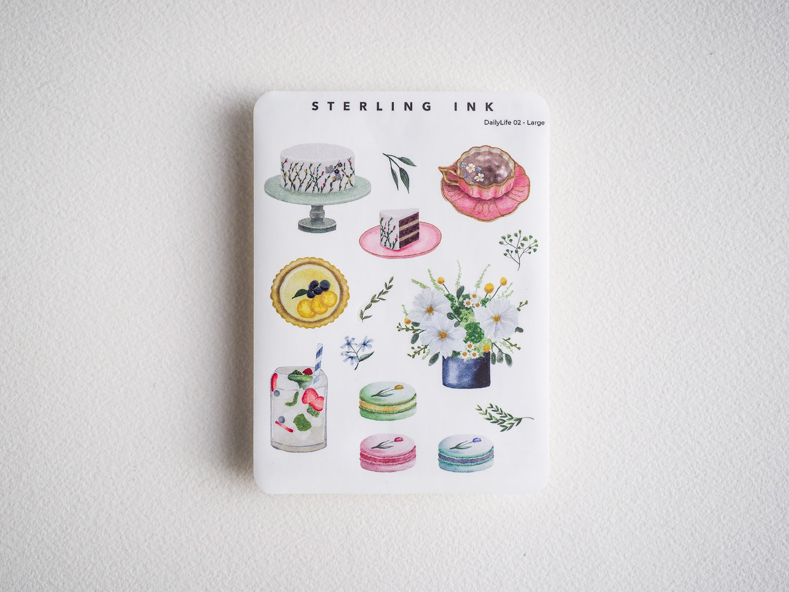 Cute baking and floral watercolor sticker set. Designs include cakes, cupcakes, fruit tarts, and bouquets. Perfect for sweet