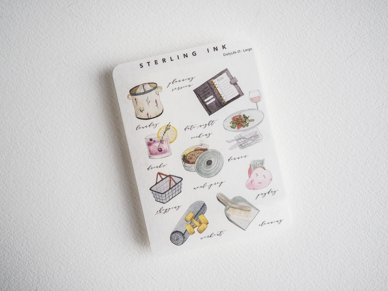 Aesthetic journaling stickers for planning lifestyle routines: food, work, laundry, baking, and meal prep. Perfect planner