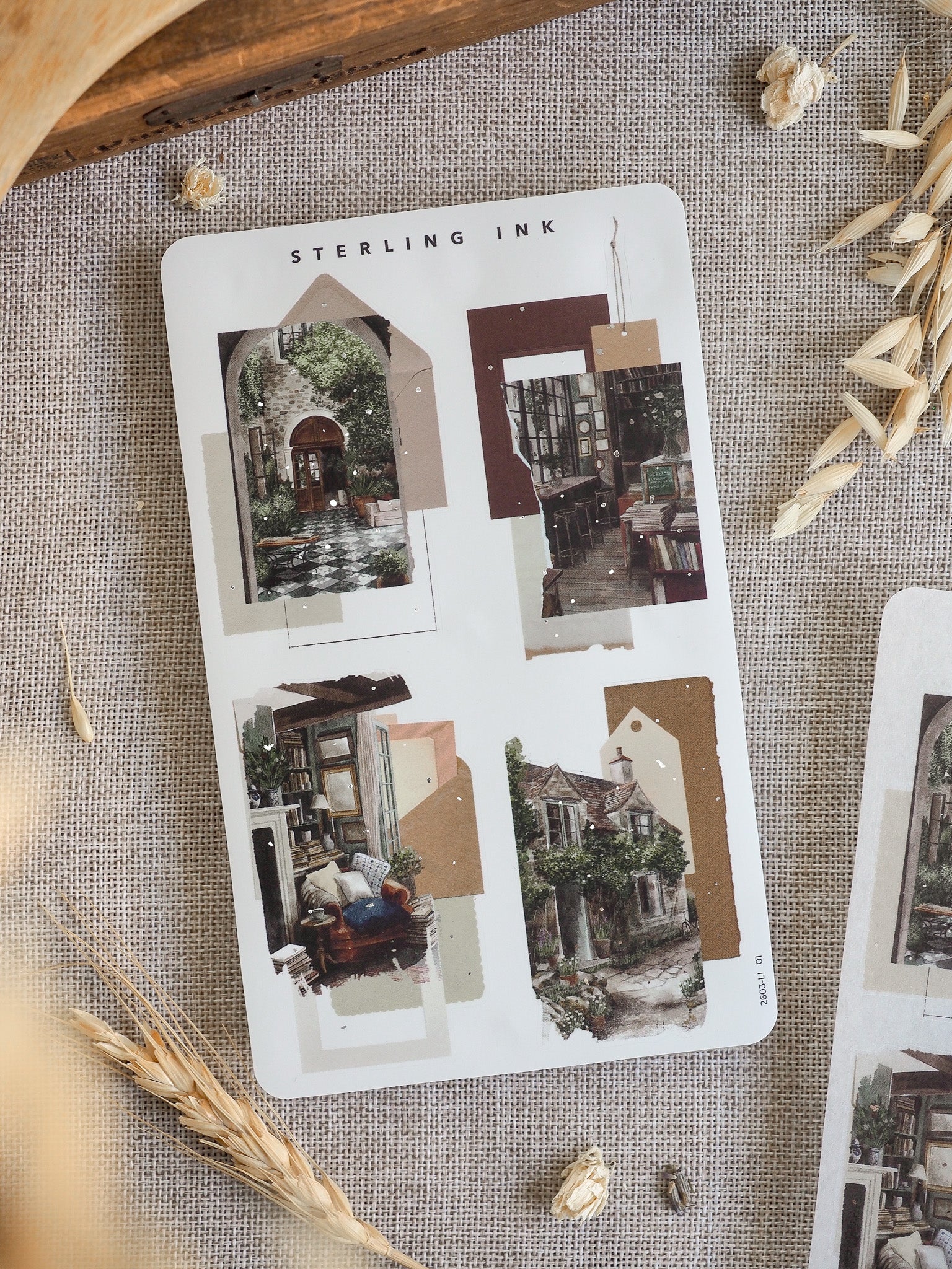 Collage sticker set with warm, sepia-toned images of vintage architecture, featuring arched doorways, facades, and cozy interior detailing.