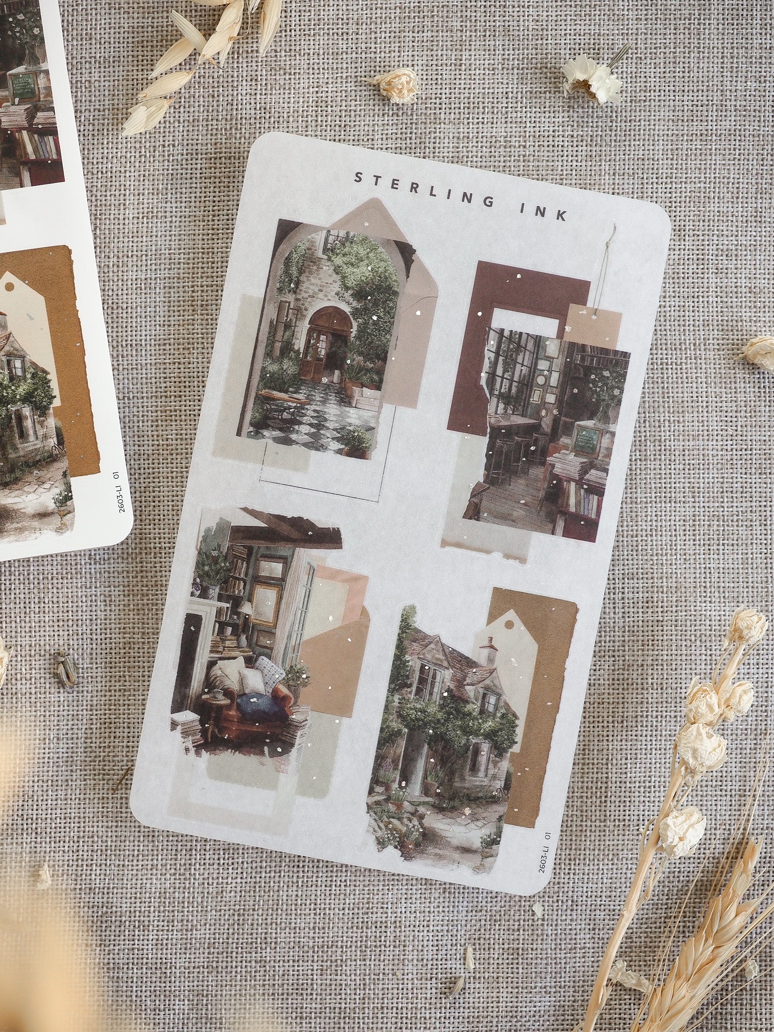 Vintage collage stickers featuring sepia-toned photos of quaint European architecture and charming stone buildings set against muted beige and brown accents.