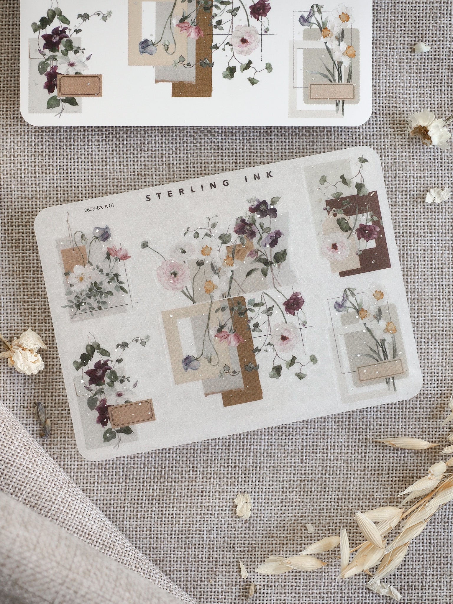 Vibrant and delicate watercolor floral sticker sheets featuring elegant corner accents and label placeholders in a neutral, vintage palette.