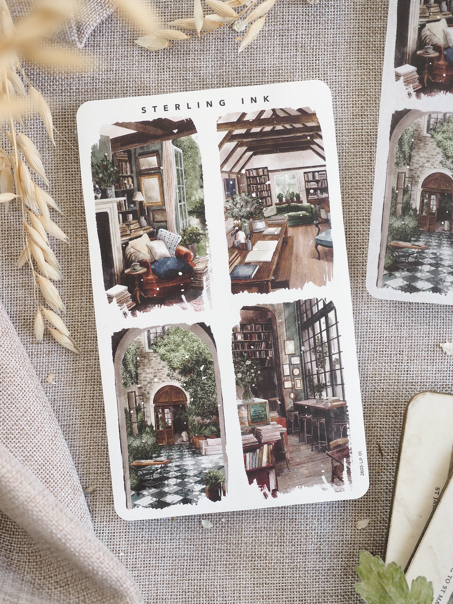 Set of large illustration stickers featuring four cozy, architectural vignettes of vintage indoor and outdoor scenes, designed with a warm, nostalgic aesthetic and subtle silver foil accents.