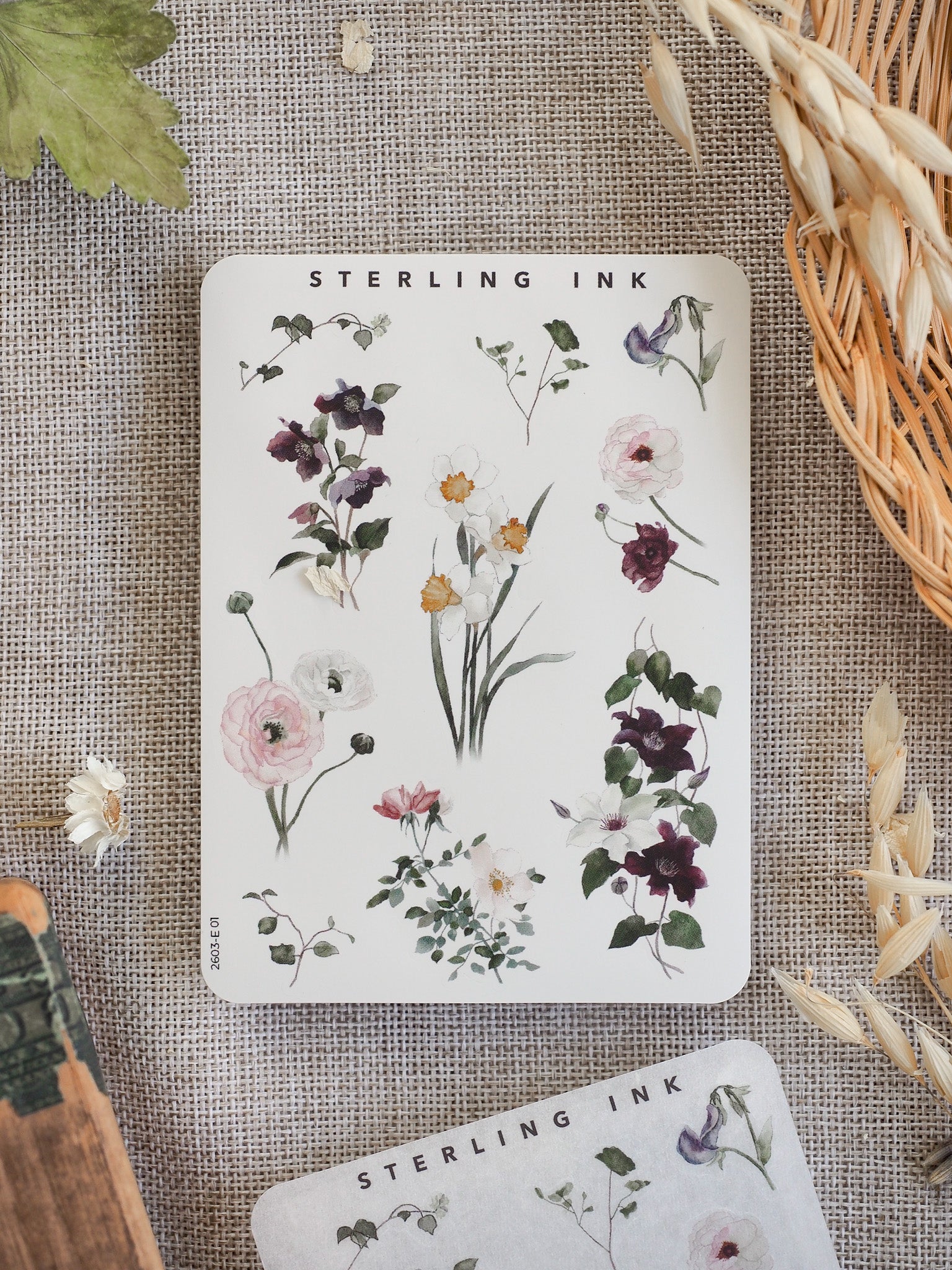 Watercolor botanical stickers by Sterling Ink, showcasing delicate groupings of lush foliage, pink and purple blooms, and detailed natural floral elements.