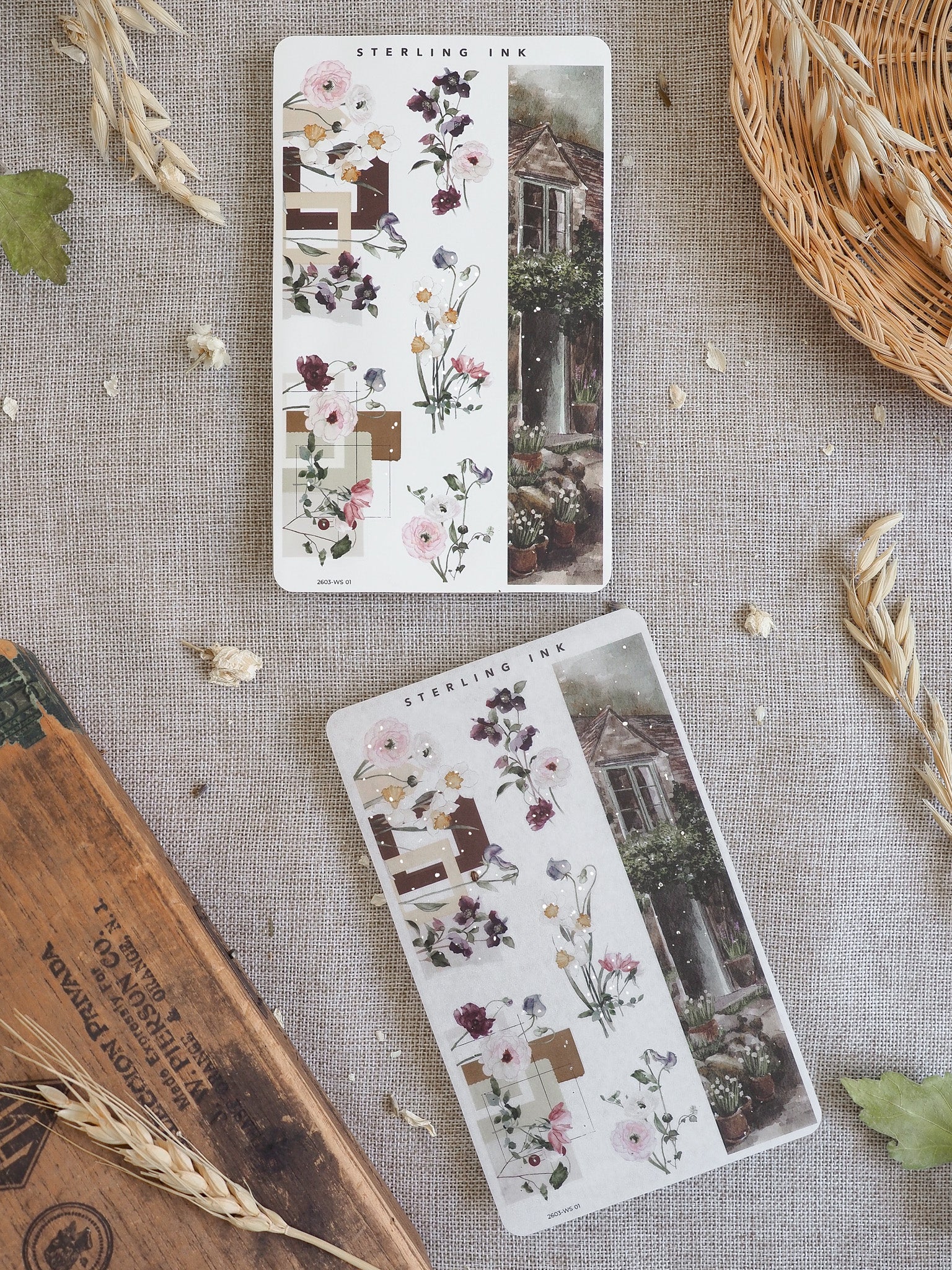 Elegant washi sticker strips featuring a muted watercolor palette of blooming pink roses, verdant foliage, and charming vintage architecture.
