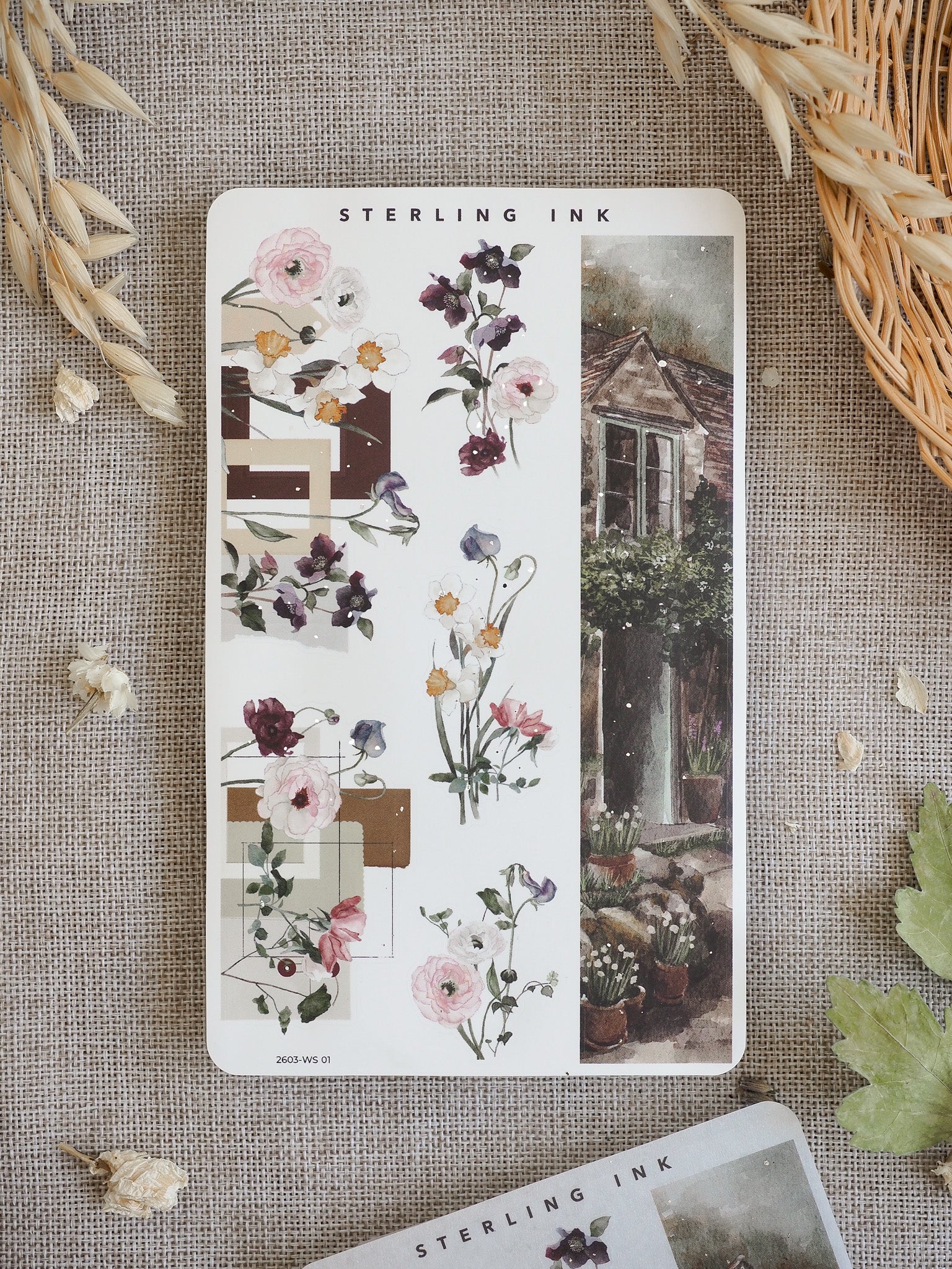 Watercolor floral washi stickers featuring soft spring bouquets, deep purple blooms, and earthy geometric accent boxes.