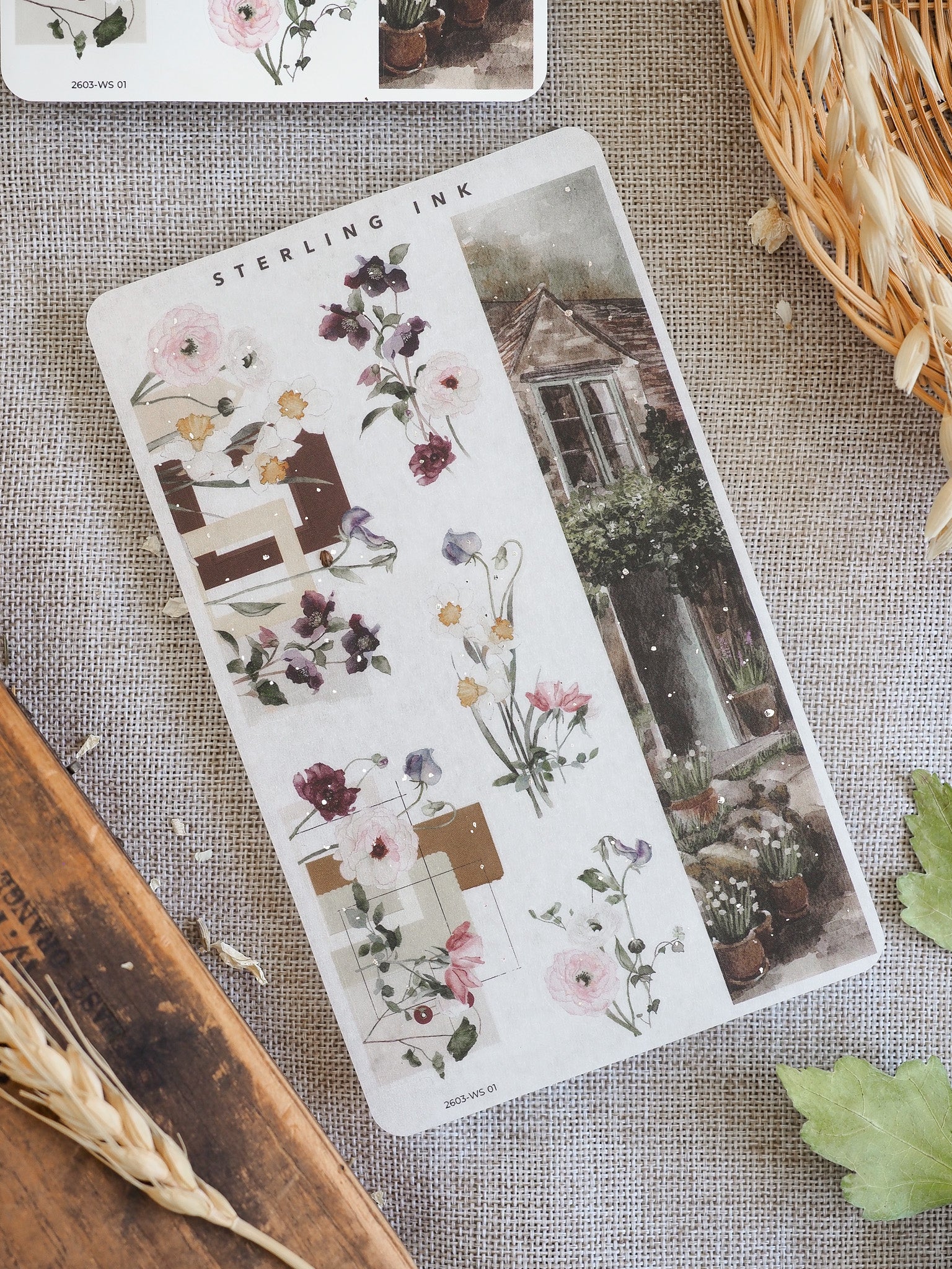 Botanical washi strip stickers featuring clusters of soft watercolor roses, delicate wildflowers, and earth-toned geometric blocks.
