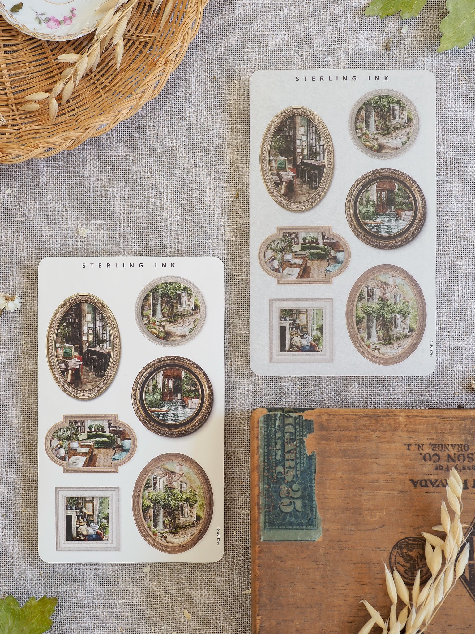 March 2026 picture frame stickers featuring diverse antique-style photo vignettes, including arched and square frames of historical scenes.