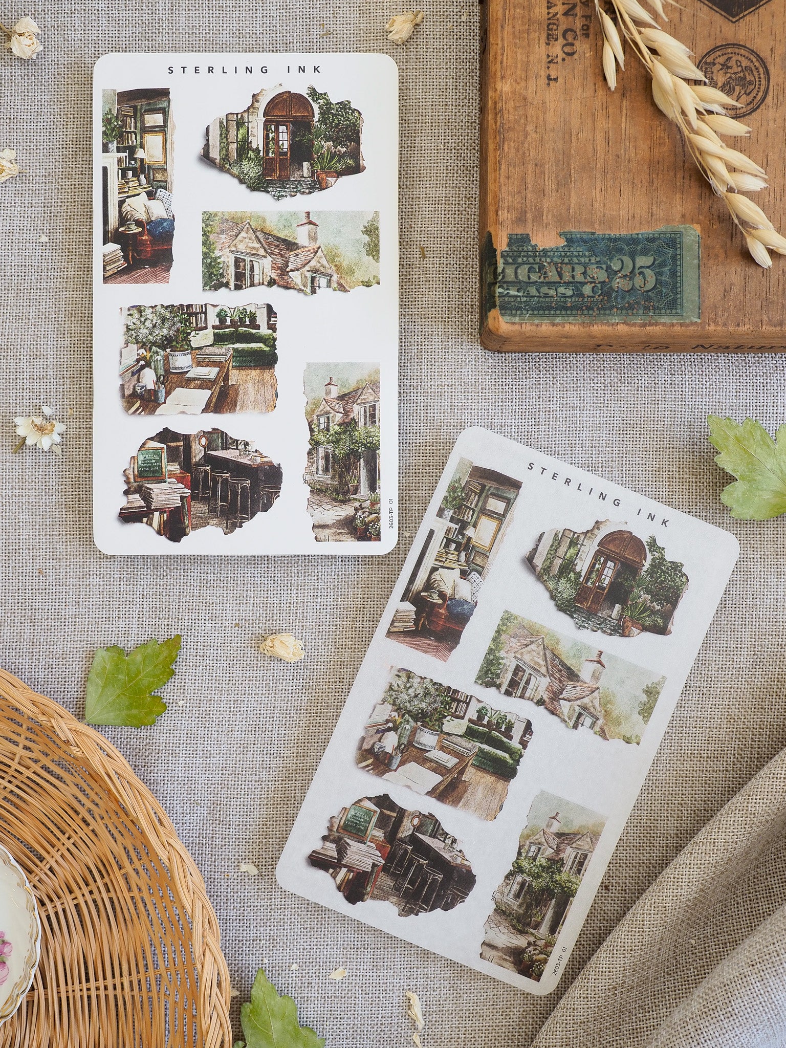 Vintage-themed sticker sheet featuring a collection of sepia-toned, rustic images of classic architecture and nostalgic house designs.