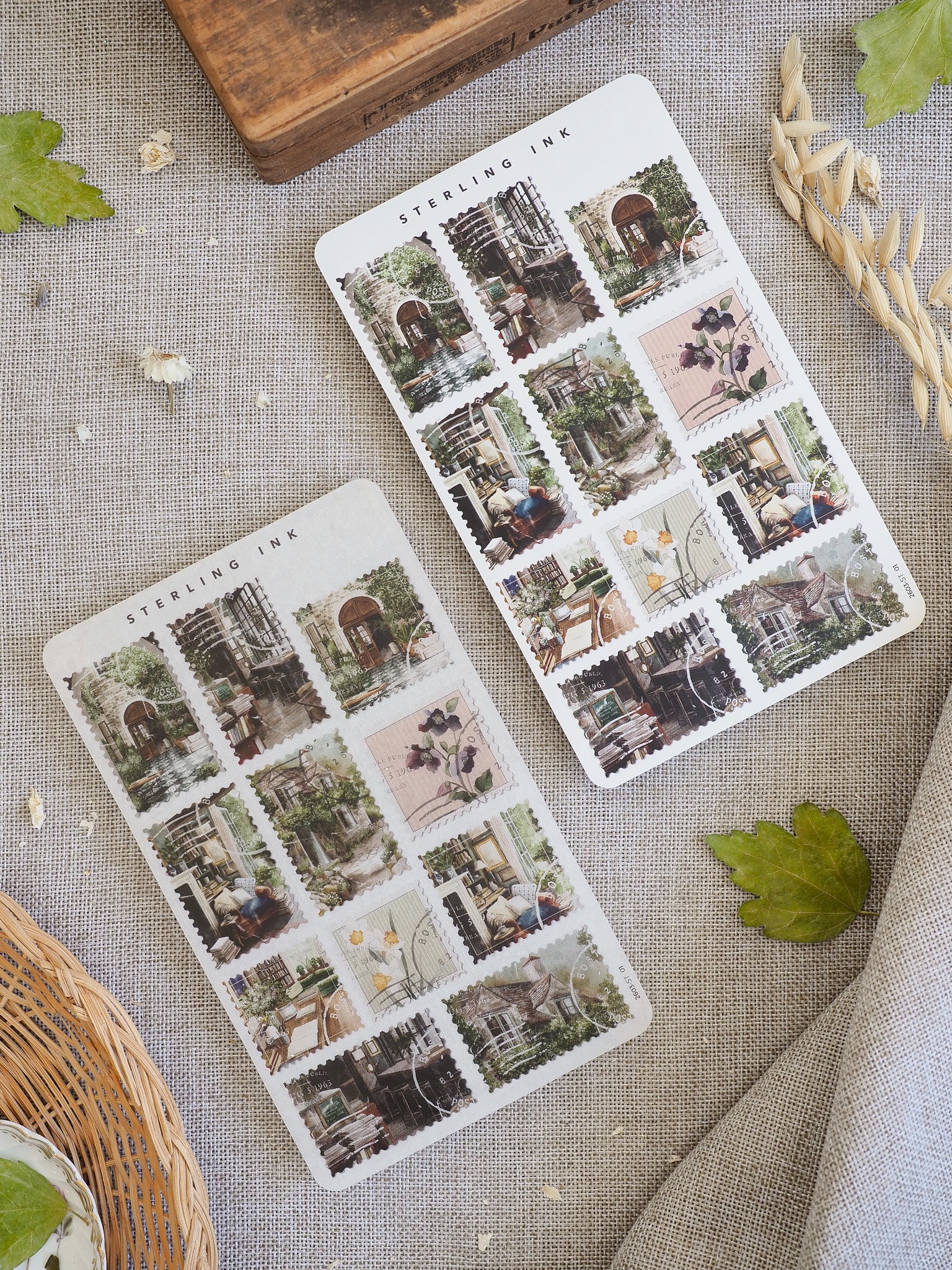 Vintage themed stamps featuring a grid of detailed, distressed architectural and garden scenes, perfect for crafting and journaling.