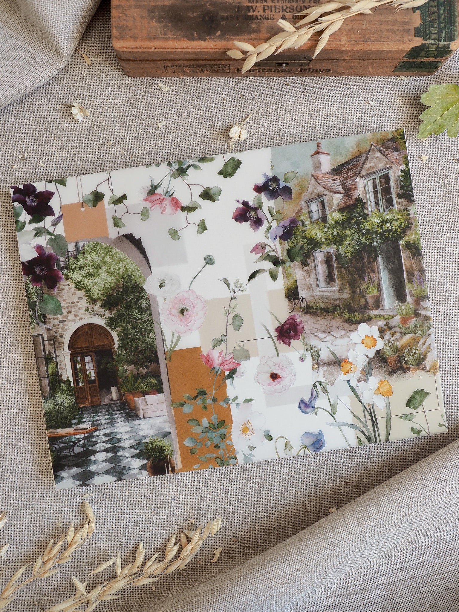 Detailed seasonal planner page featuring watercolor English garden florals, lush pink and purple blooms, and quaint stone cottages.