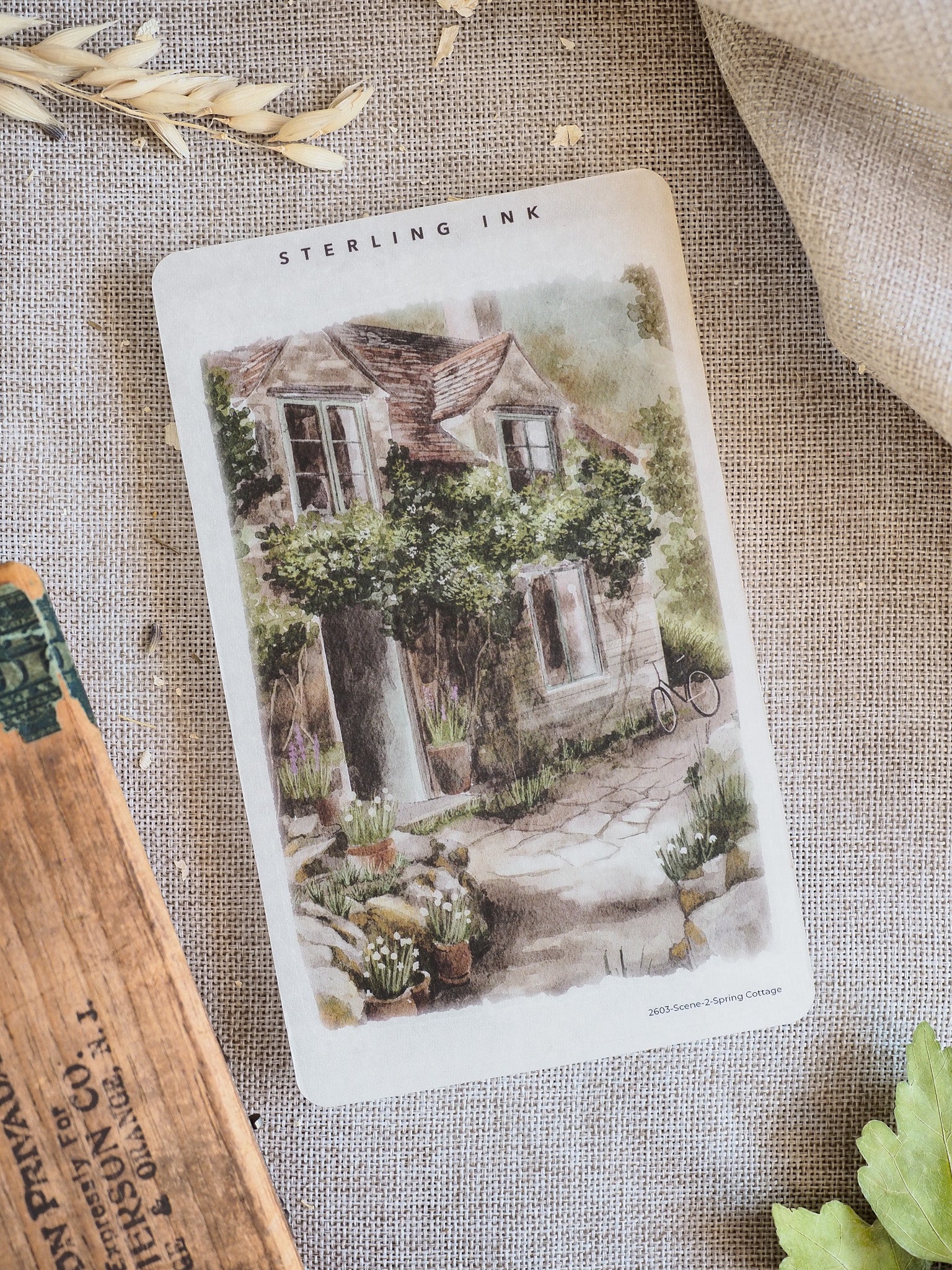 Charming watercolor-style illustration of a secluded spring cottage nestled amongst ivy, blooming flowers, and rustic stone paths.