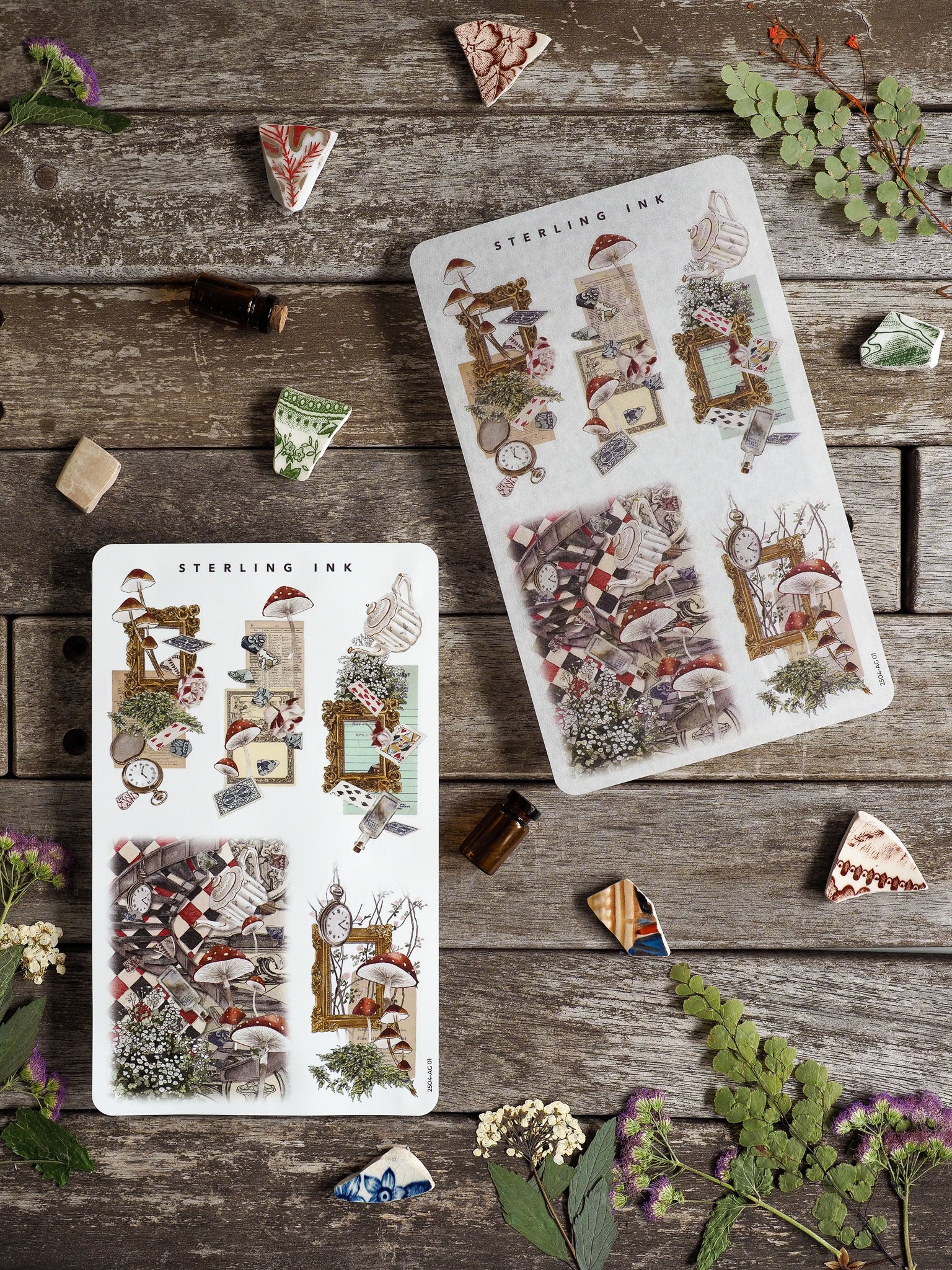 Whimsical sticker sheets featuring detailed woodland scenes, including mushrooms, miniature rustic houses, and botanical arrangements perfect for crafting.