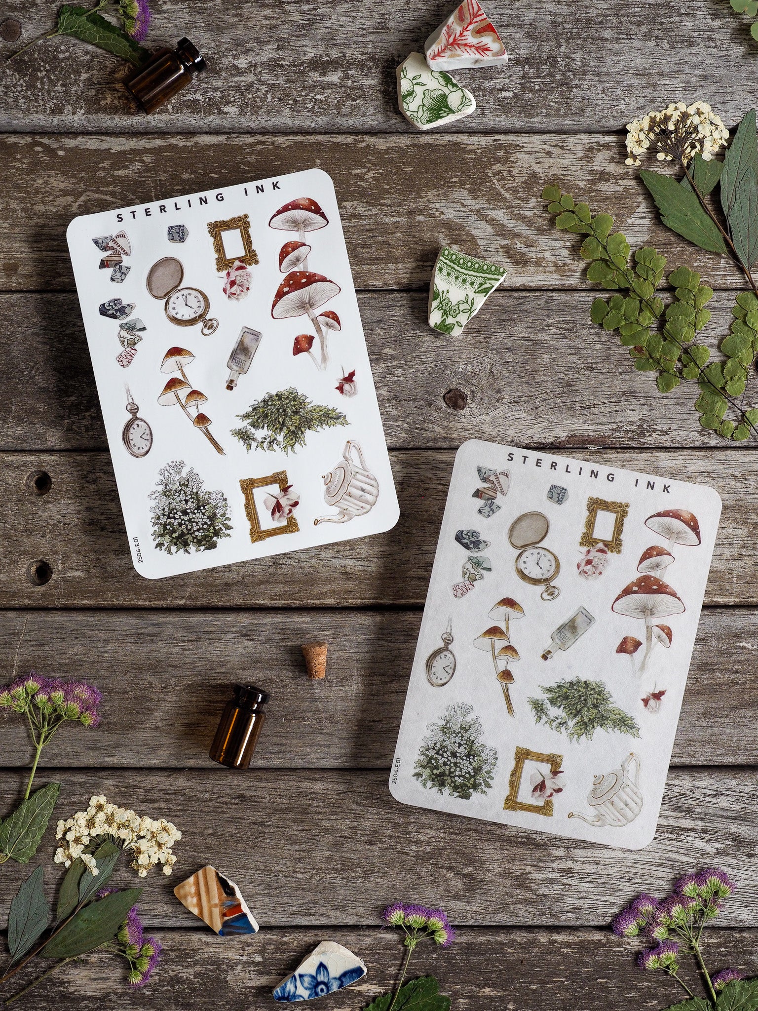 Elements Stickers set featuring vintage botanical illustrations of mushrooms, leaves, and woodland natural elements on white paper.