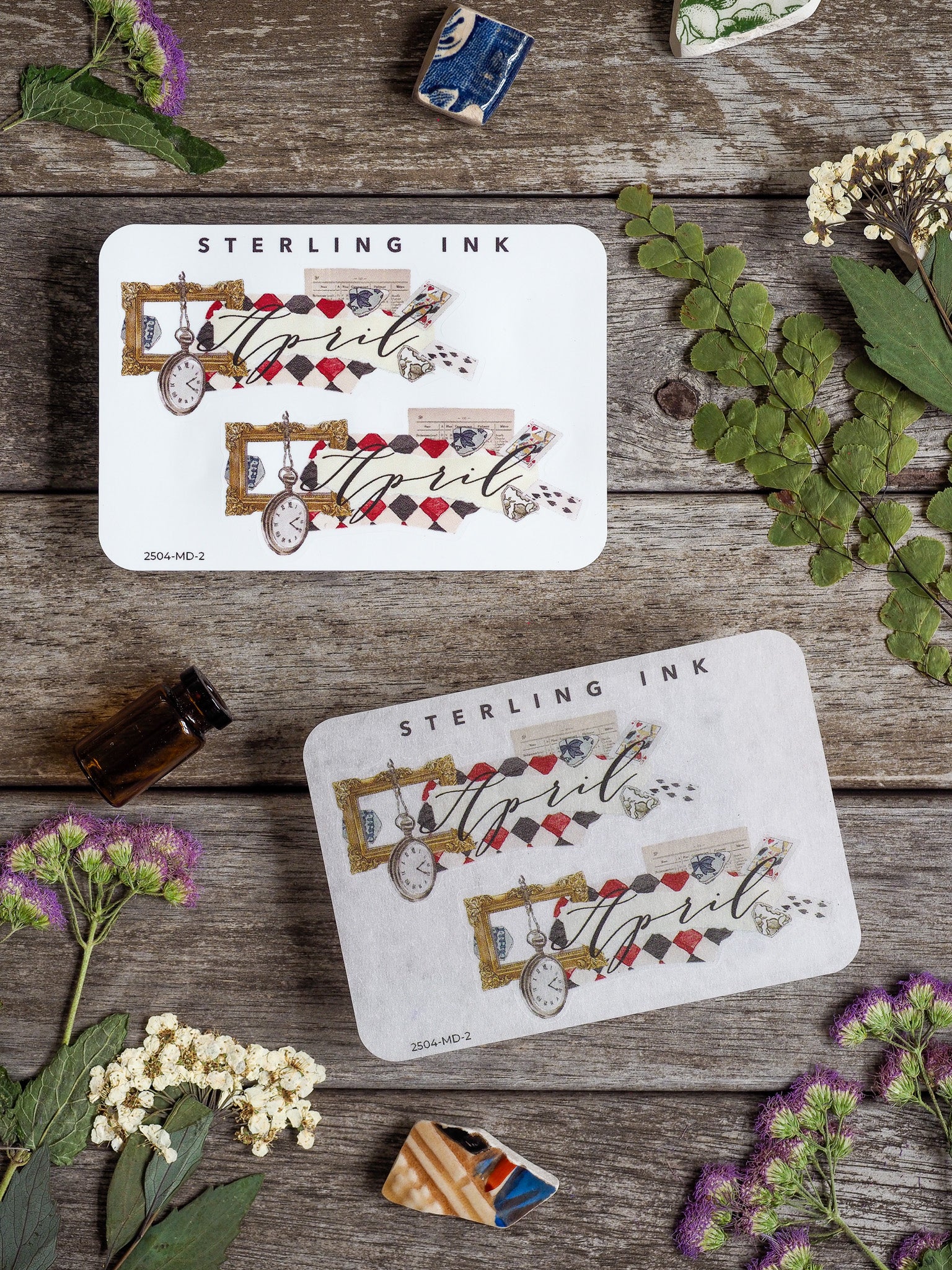 Decorative sticker set for April, featuring vintage golden frames, small clocks, and elegant, ornate typography perfect for journaling or planner embellishments.