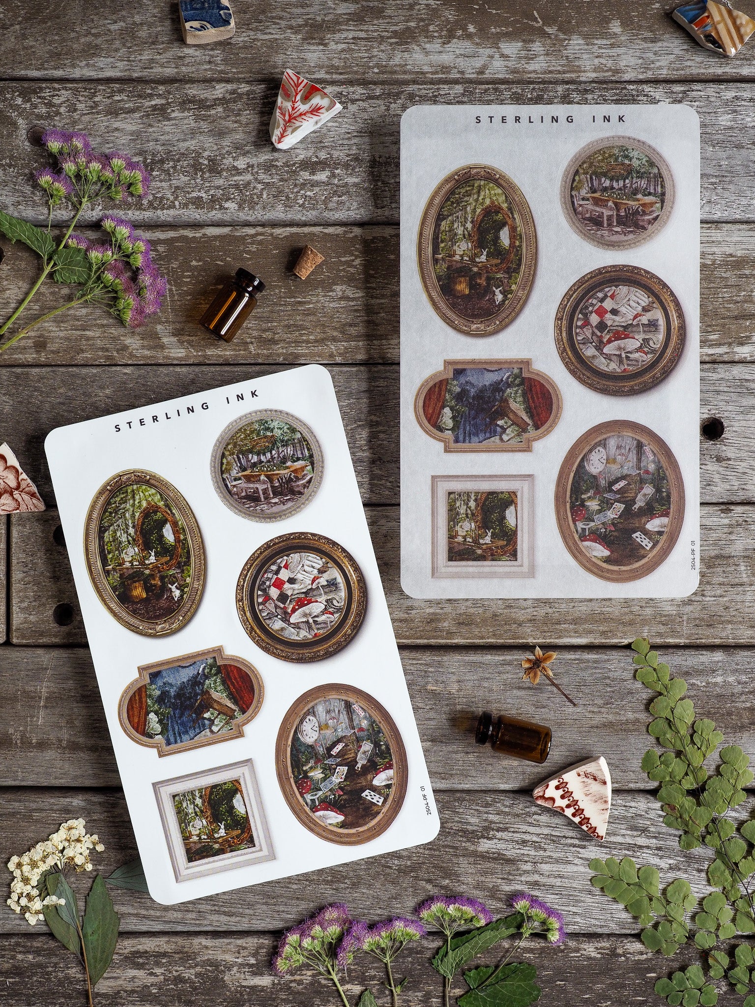 Decorative sheets of picture frame stickers featuring varied sizes of ornate, vintage sepia-toned images perfect for scrapbooking and crafting.