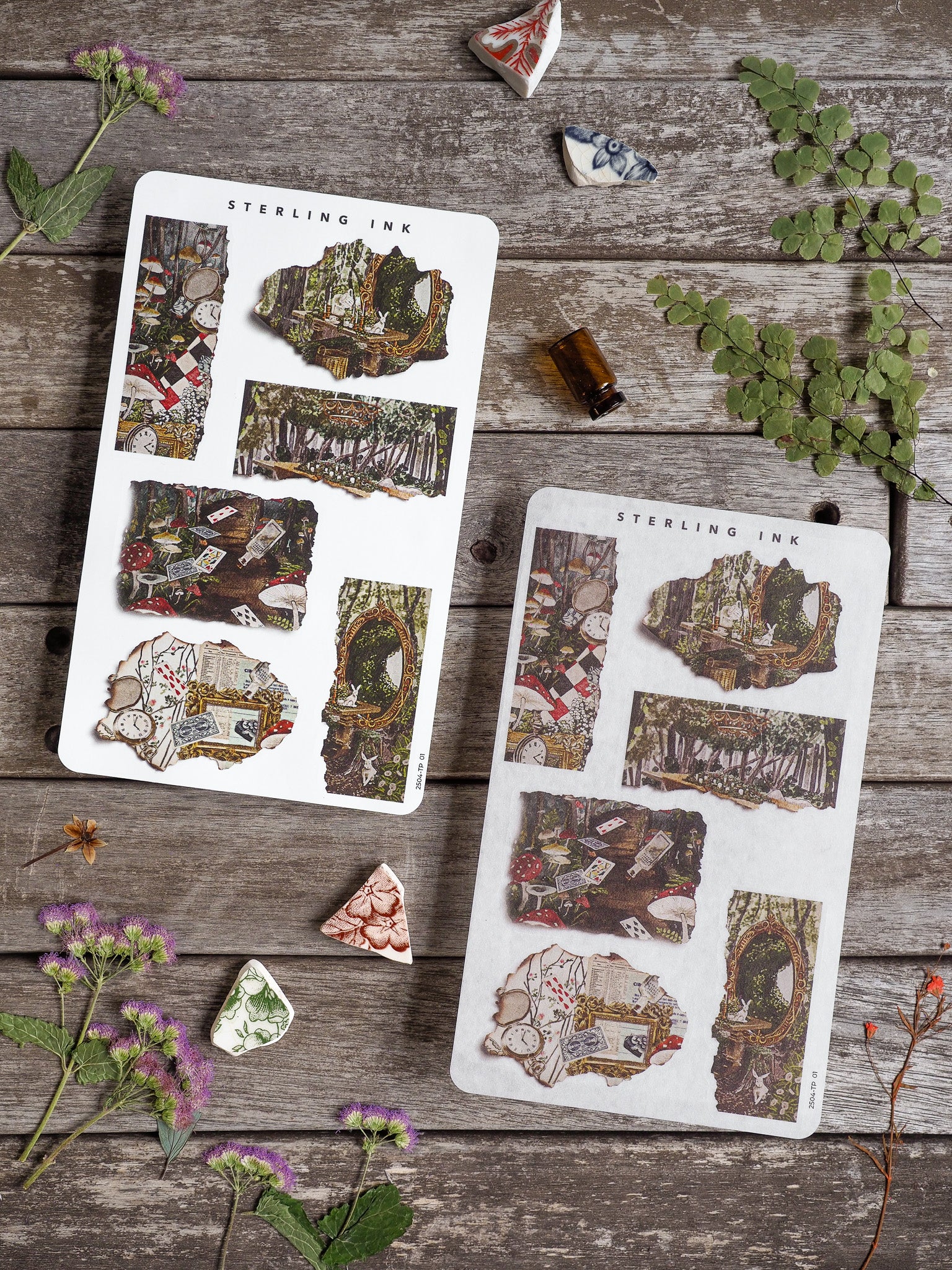 Distressed torn paper sticker sheets featuring vintage collages of books, rustic architecture, and foliage, perfect for adding a literary, aged look to scrapbooks.