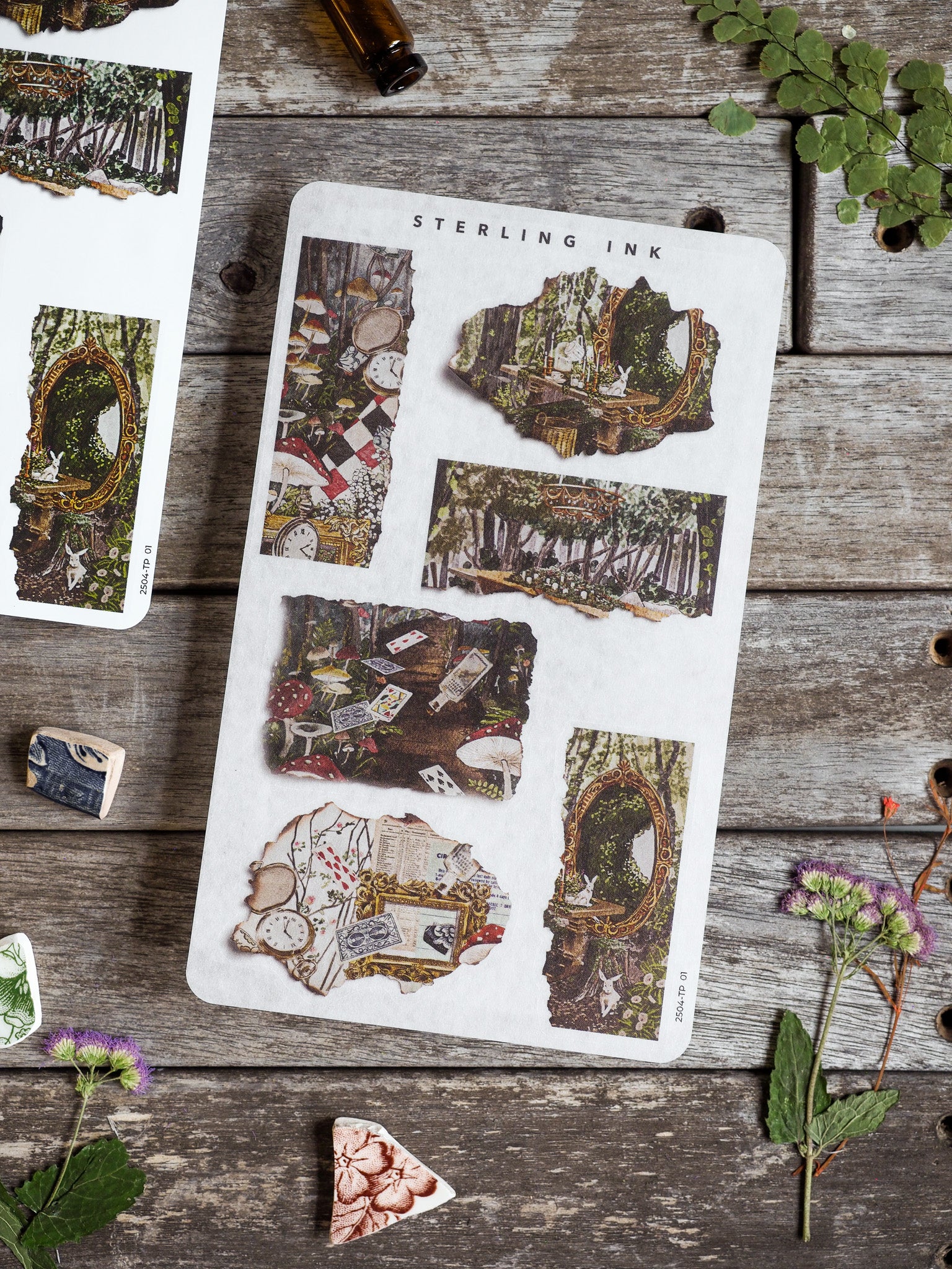 Set of detailed torn paper sticker sheets featuring vintage frames, rustic natural elements, and decorative spring garden themes for crafting.