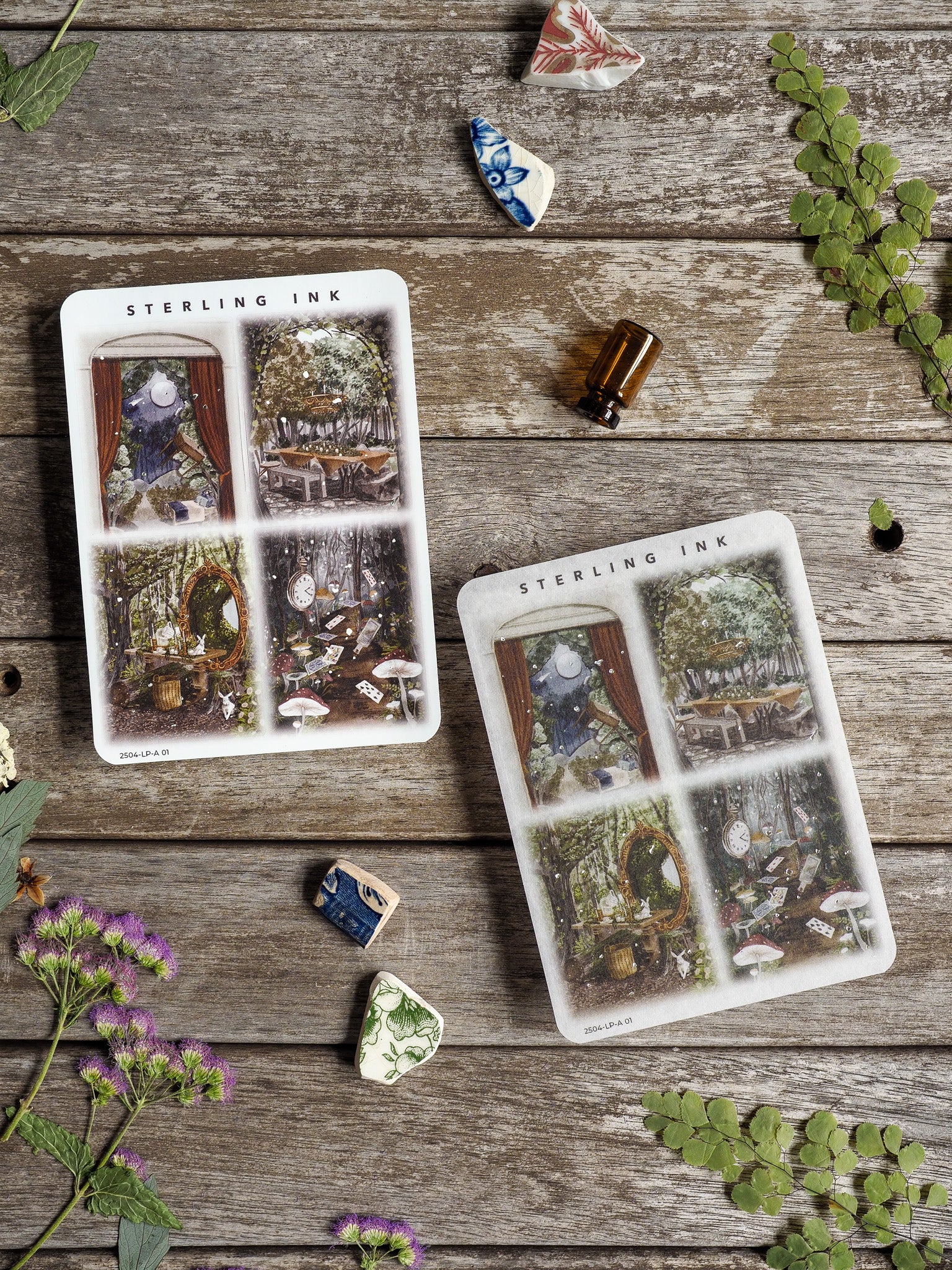 Vintage illustration set featuring a 2x2 grid of rustic cottagecore scenes, including forest paths, mushrooms, and cozy garden vignettes with a natural, aged aesthetic.