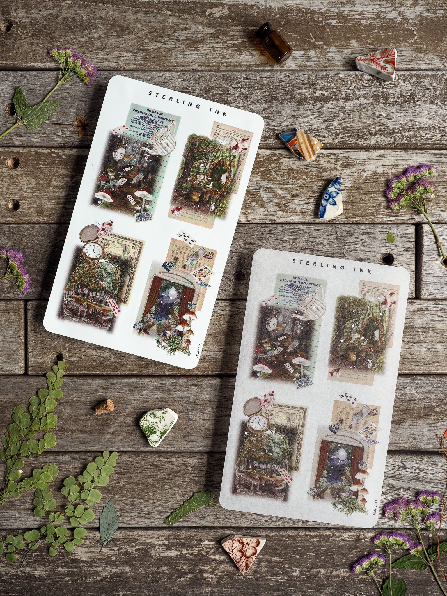 Rich sheet of vintage collage stickers featuring sepia-toned botanical elements, ornate clocks, and antique ephemera perfect for journaling and scrapbooking.