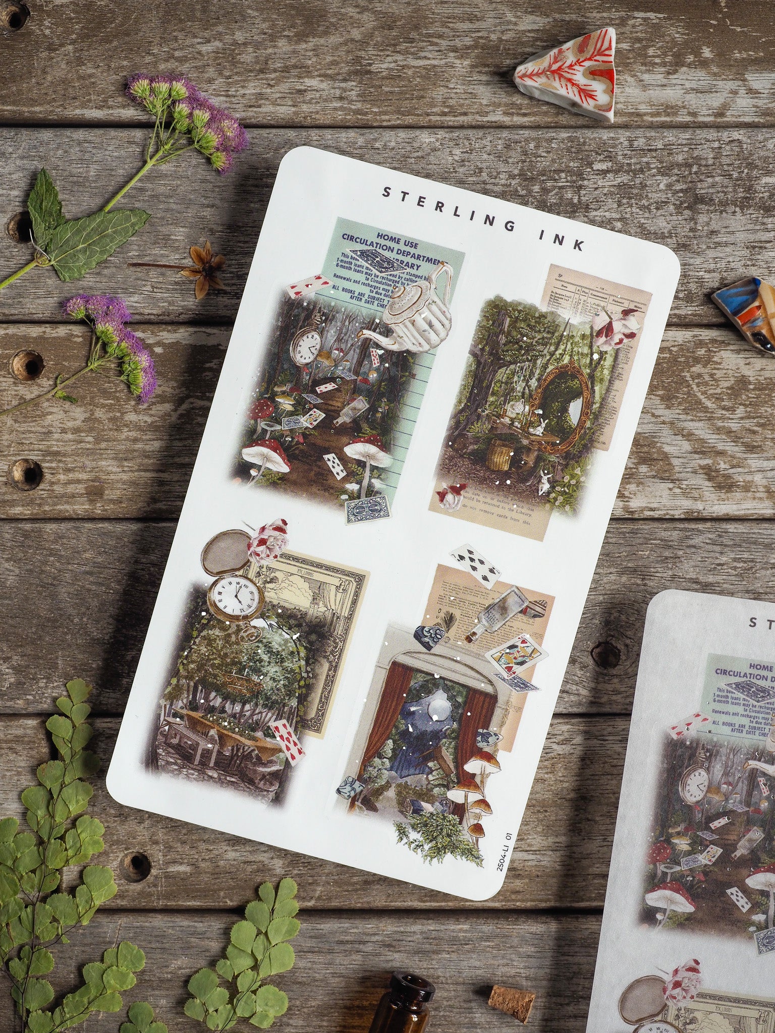 Vintage collage stickers featuring intricate scenes of tiny houses, mushrooms, clocks, and antique elements in a detailed, nostalgic pattern.
