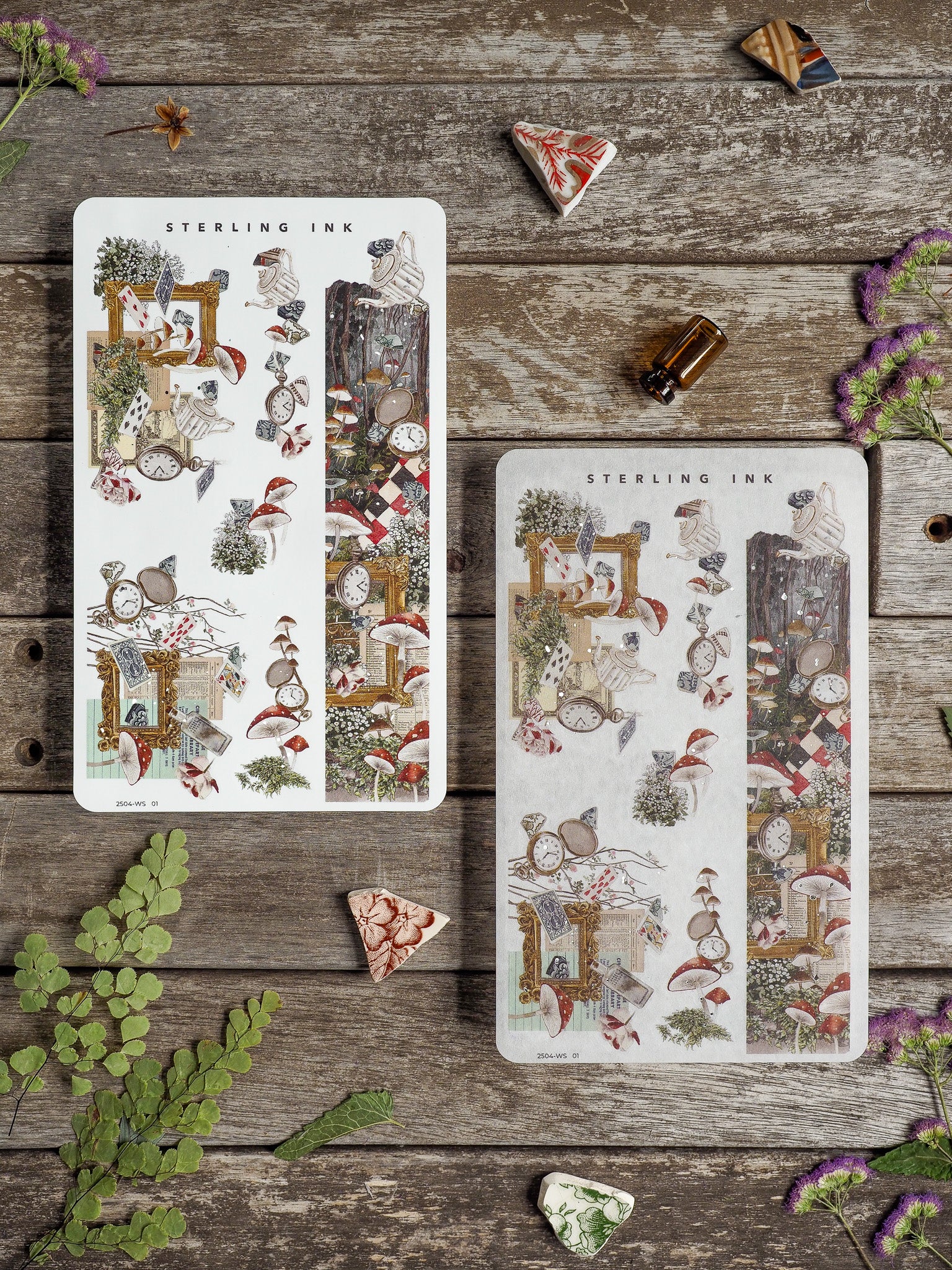 Elegant vintage washi designs featuring whimsical clock faces, mushrooms, and detailed architectural frames in soft, muted colors.