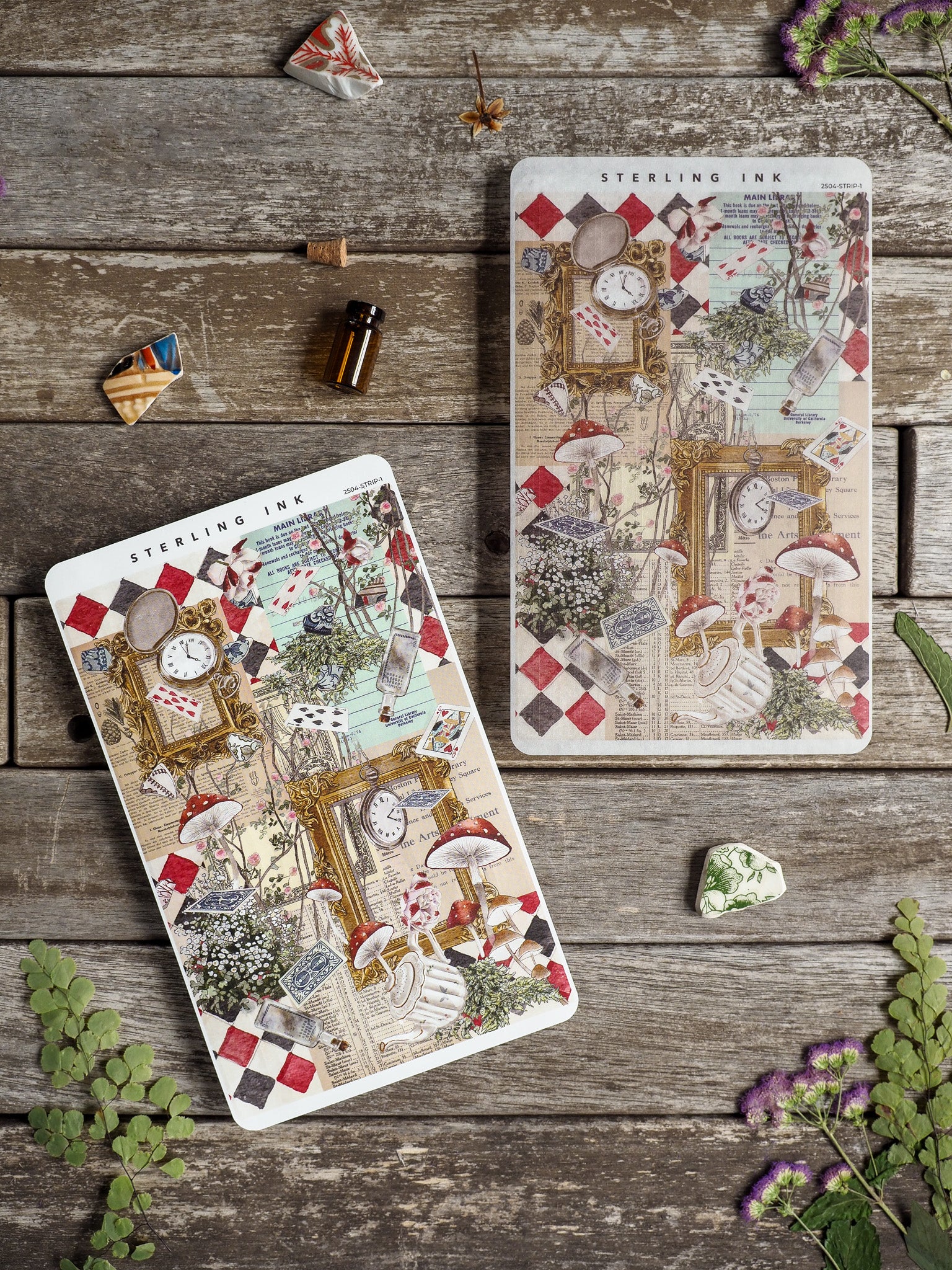Vintage planner sticker sheets featuring a whimsical botanical theme, elegant clocks, decorative floral elements, and retro typography on a light cream background.
