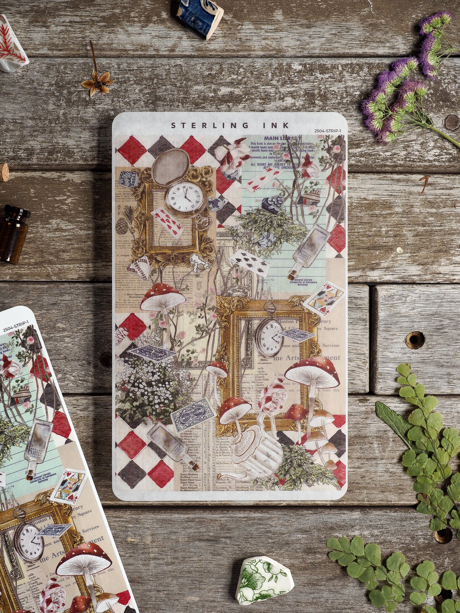 Whimsical vintage planner stickers featuring botanical engravings, antique pocket watches, and whimsical mushrooms on an aged sepia backdrop accented by a red and black checkerboard.