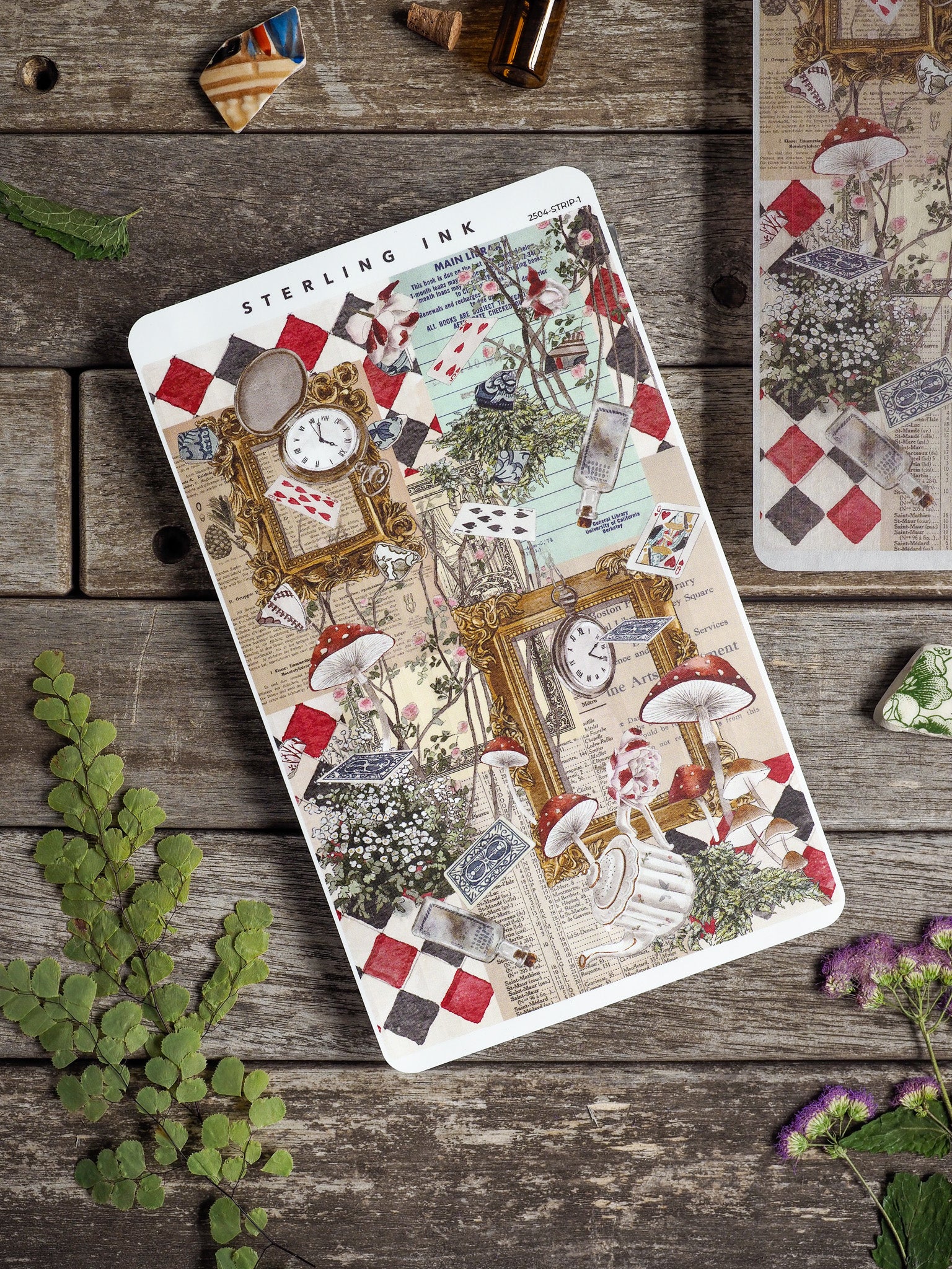 Intricate sticker sheet patterned with a whimsical, vintage woodland scene featuring colorful mushrooms, antique clock faces, and detailed botanical maps.