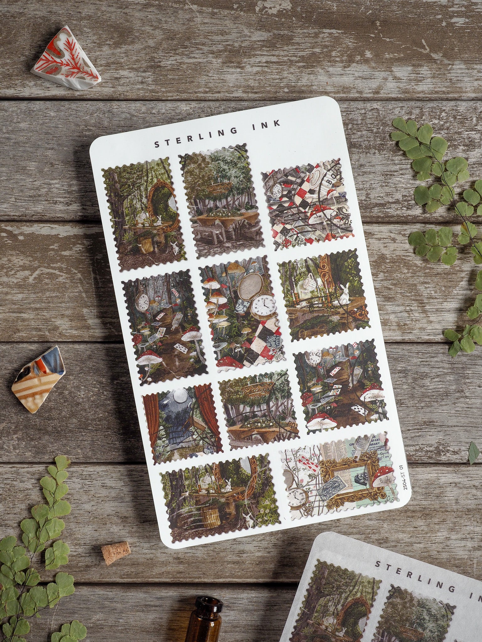 Charming, vintage-style sticker set featuring rich, earthy depictions of woodland cabins and enchanted forest scenes.