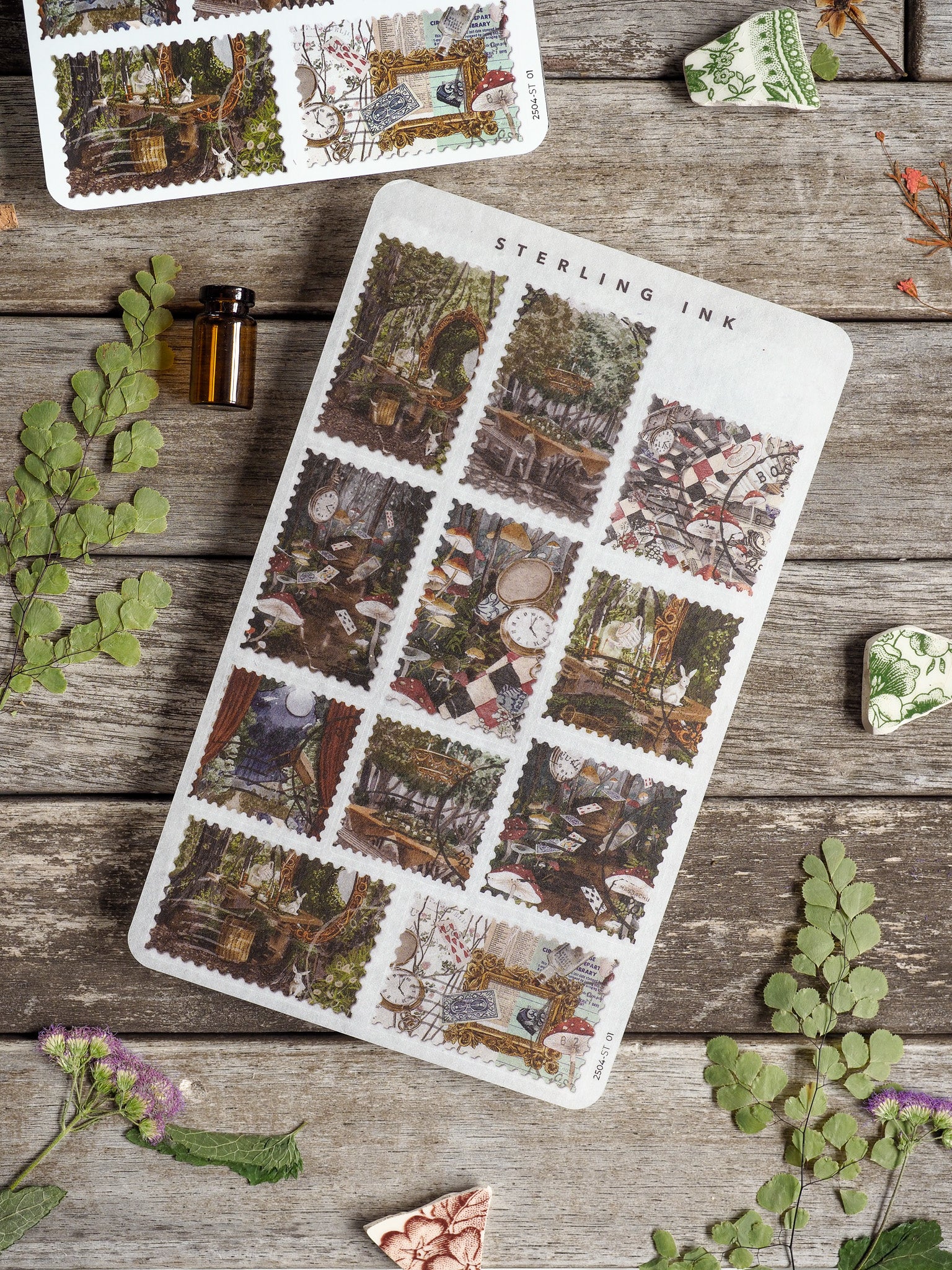 Rustic scrapbook sticker sheet featuring a collage grid of vintage photo clippings, showcasing nostalgic garden, cottage, and outdoor scenes in earth tones.