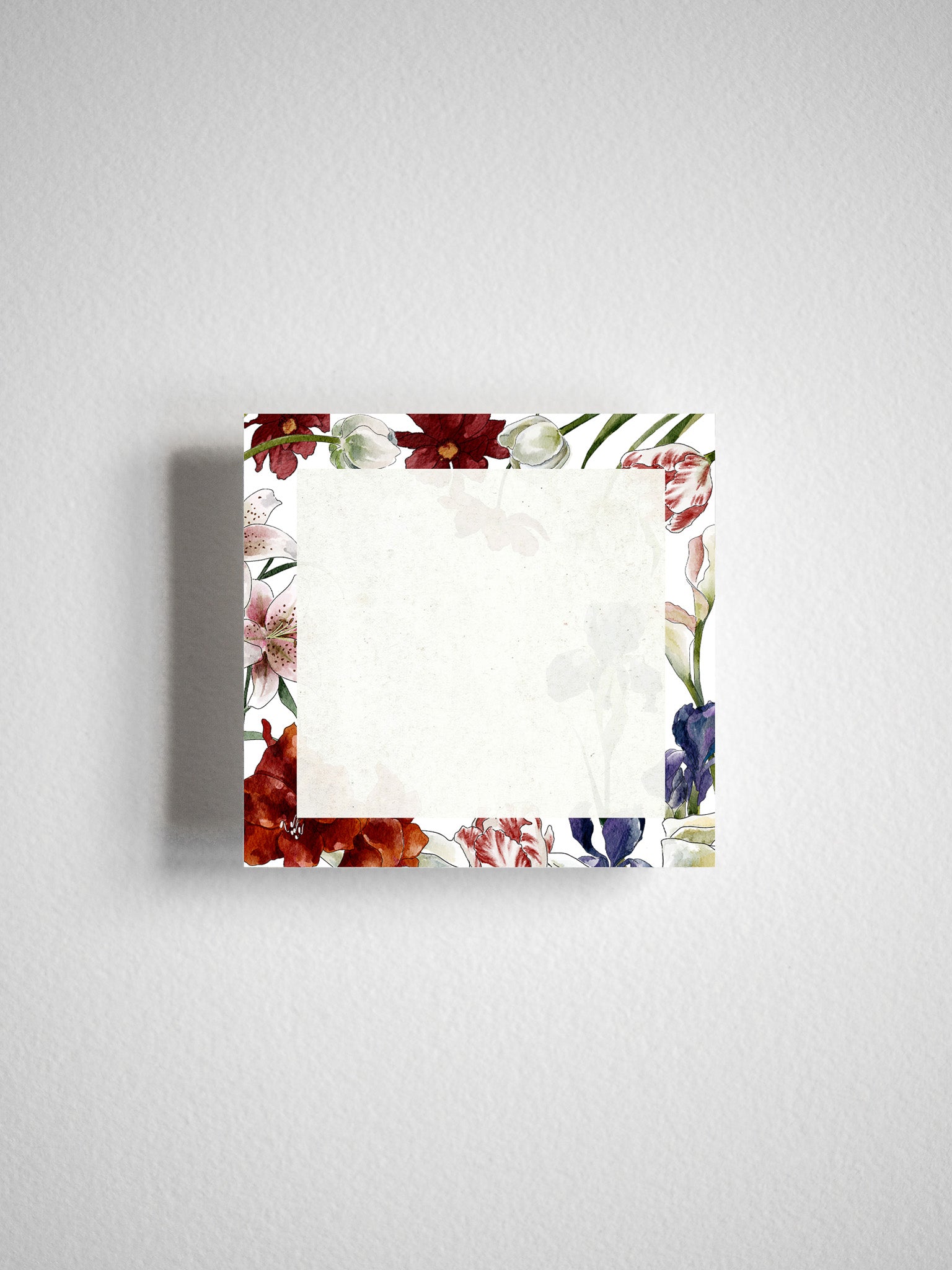 Elegant watercolor floral stationery featuring a rich border of maroon, deep red, and navy flowers framing a central cream space.