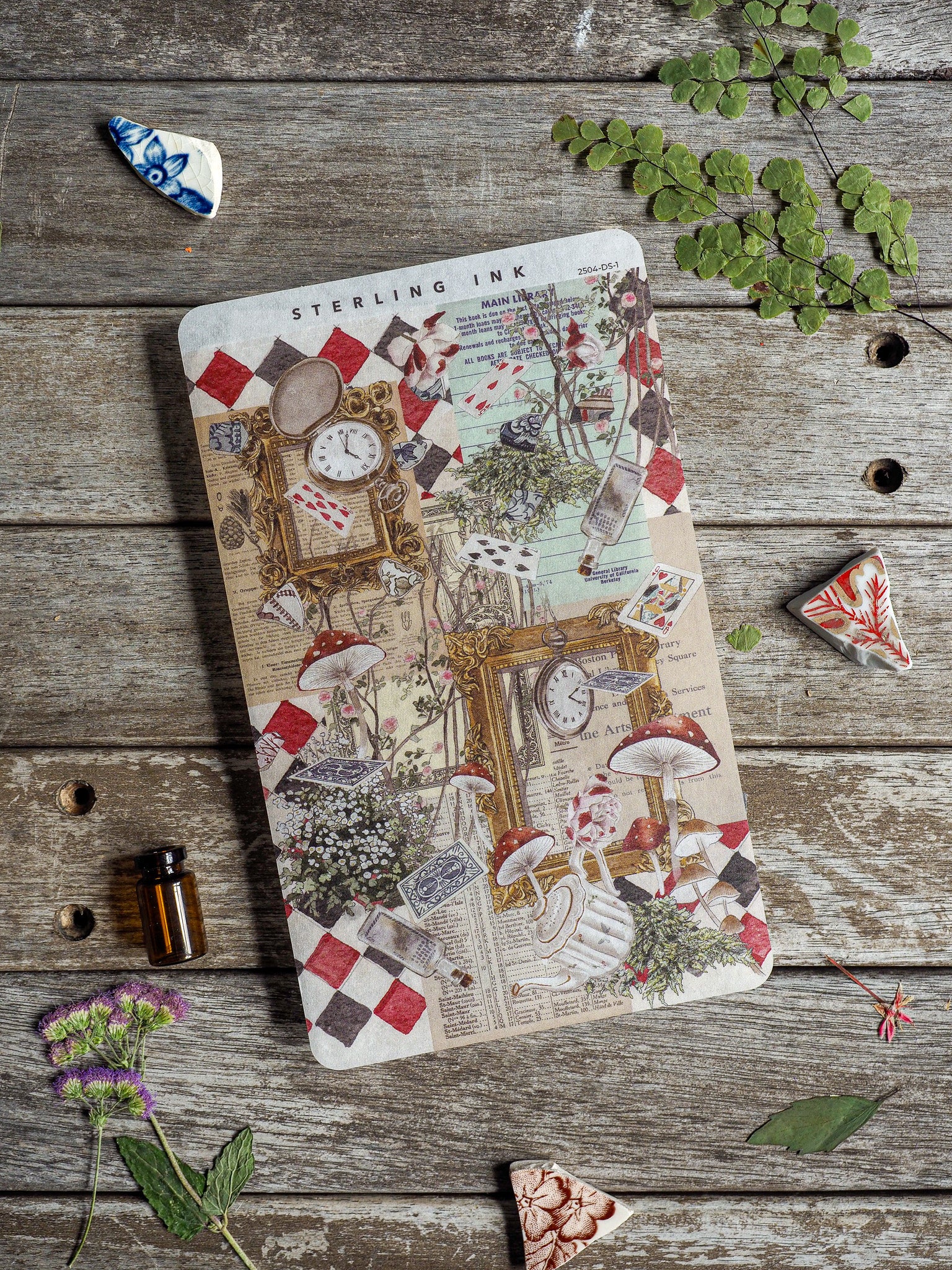 Vintage decorative sheet featuring a cottagecore collage of mushrooms, antique clocks, and scholarly engravings on a red and cream checkered pattern.