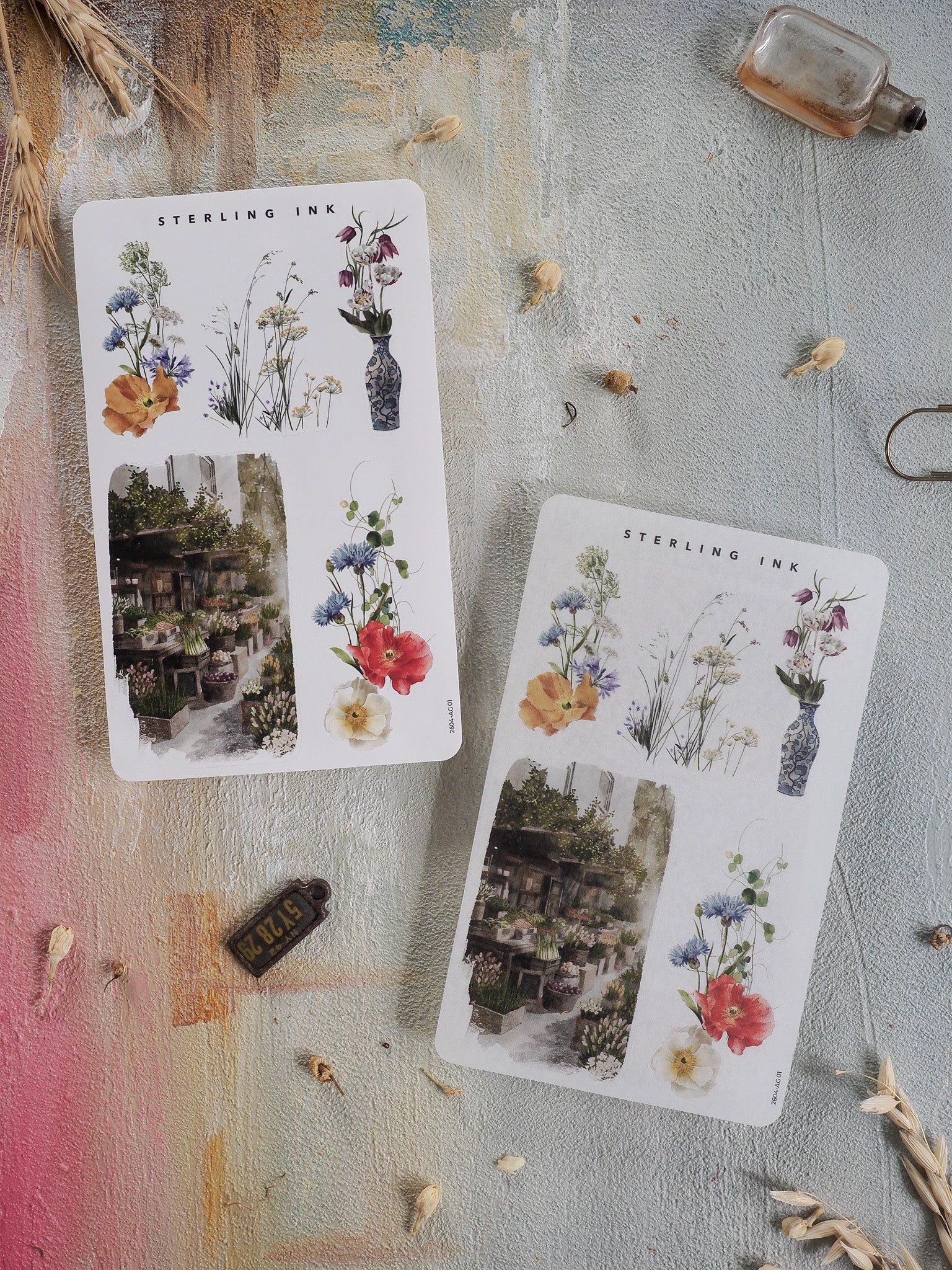 Delicate watercolor floral sticker sheet featuring pastel bouquets, blooming flowers, and detailed indoor garden arrangements perfect for spring planning.